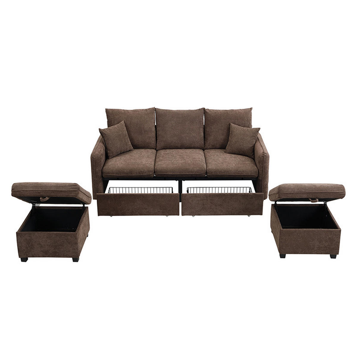 WOHNLANDSCHAFT U-Form Dreisitzer mit Staufunktion Hocker Chenille Antique Brown 220/90/85 cm - Braun, Kunststoff (188/86/186cm) - OKWISH