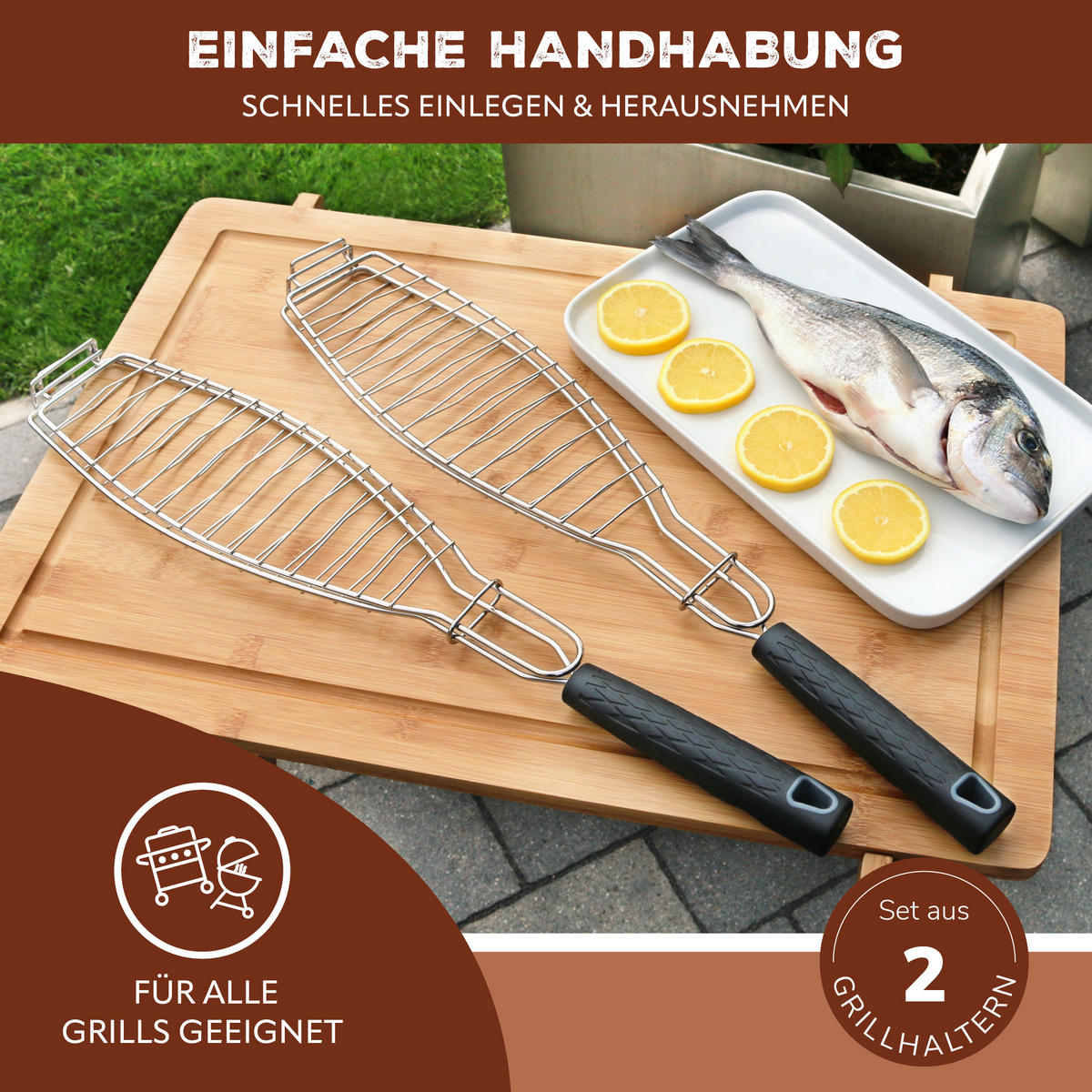 FISCH-GRILLHALTER, schwarz - Edelstahlfarben, Metall (10/54.5/2.5cm) - bremermann