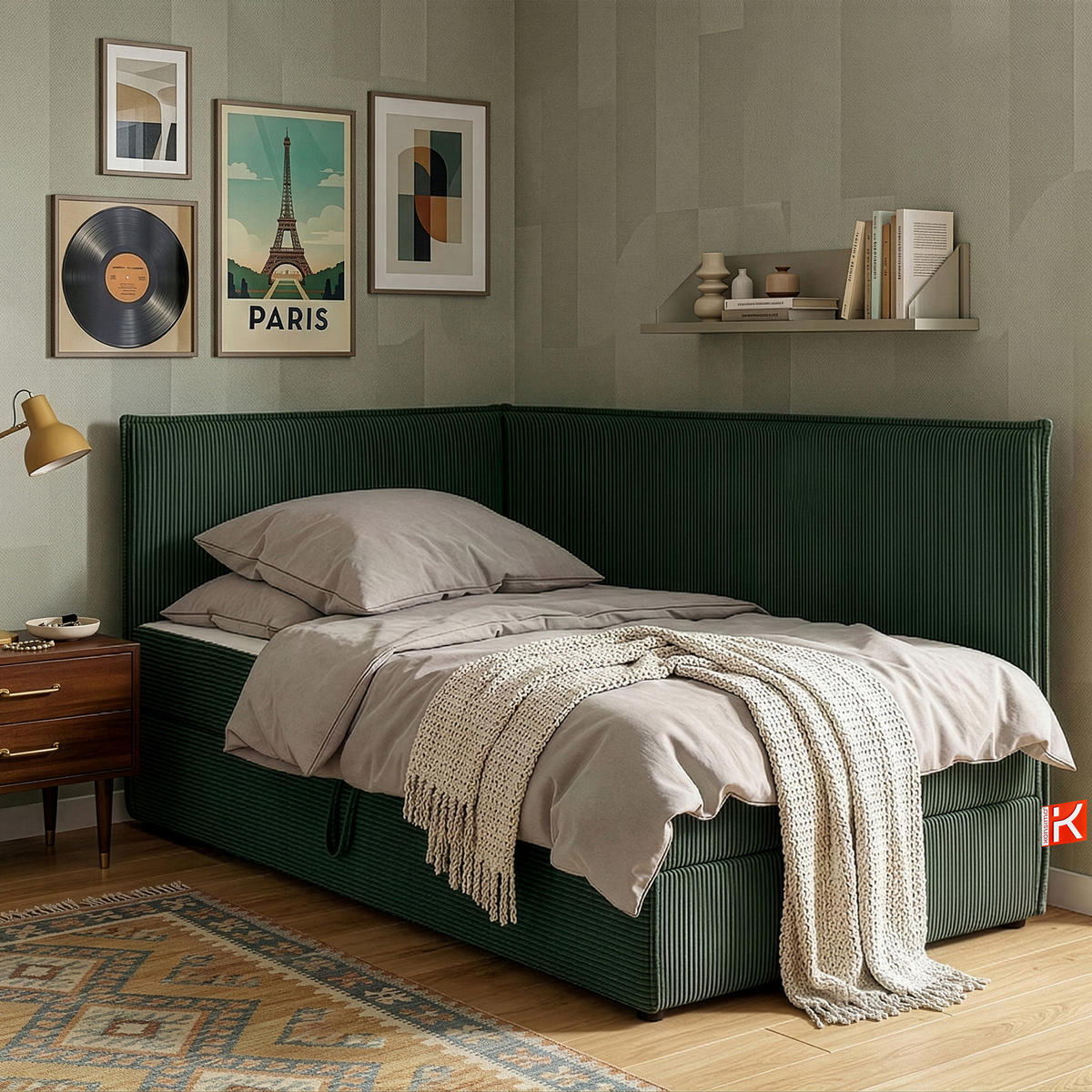 JUGENDBETT ROTI Einzelbett mit Bettkasten, 90x200cm, Bett mit Bonellmatratze, mit Rückenlehne - Dunkelgrün/Schwarz, Holz/Holzwerkstoff (92/200cm) - KONSIMO®