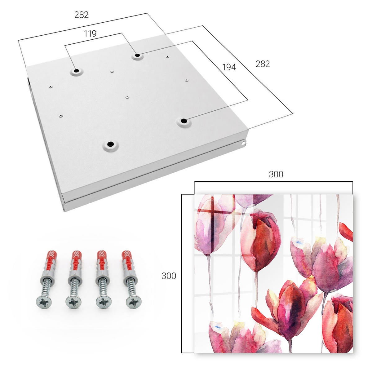 SCHLÜSSELBOX Weiß 30x30 cm – Türöffnung nach rechts - Aquarell-Tulpen - Rot, Metall (30/30/5cm) - TULUP