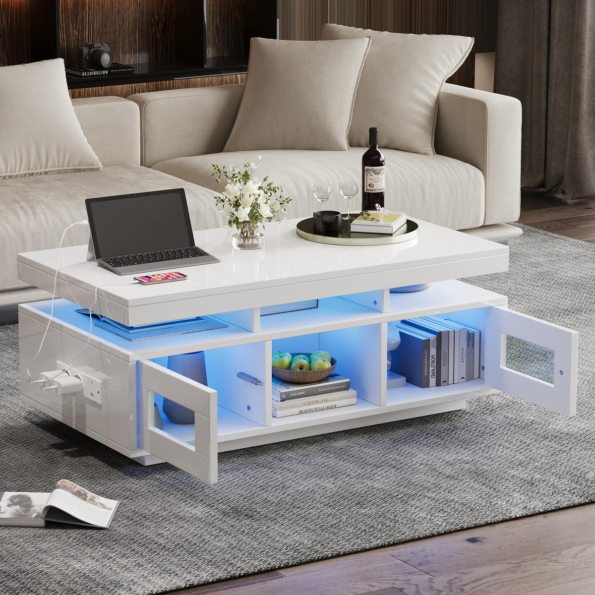 COUCHTISCH 100/50/43 cm Weiß mit App-gesteuerten LED-Leuchten und Schrankfunktion - Weiß, Holzwerkstoff (100/50/43cm) - OKWISH