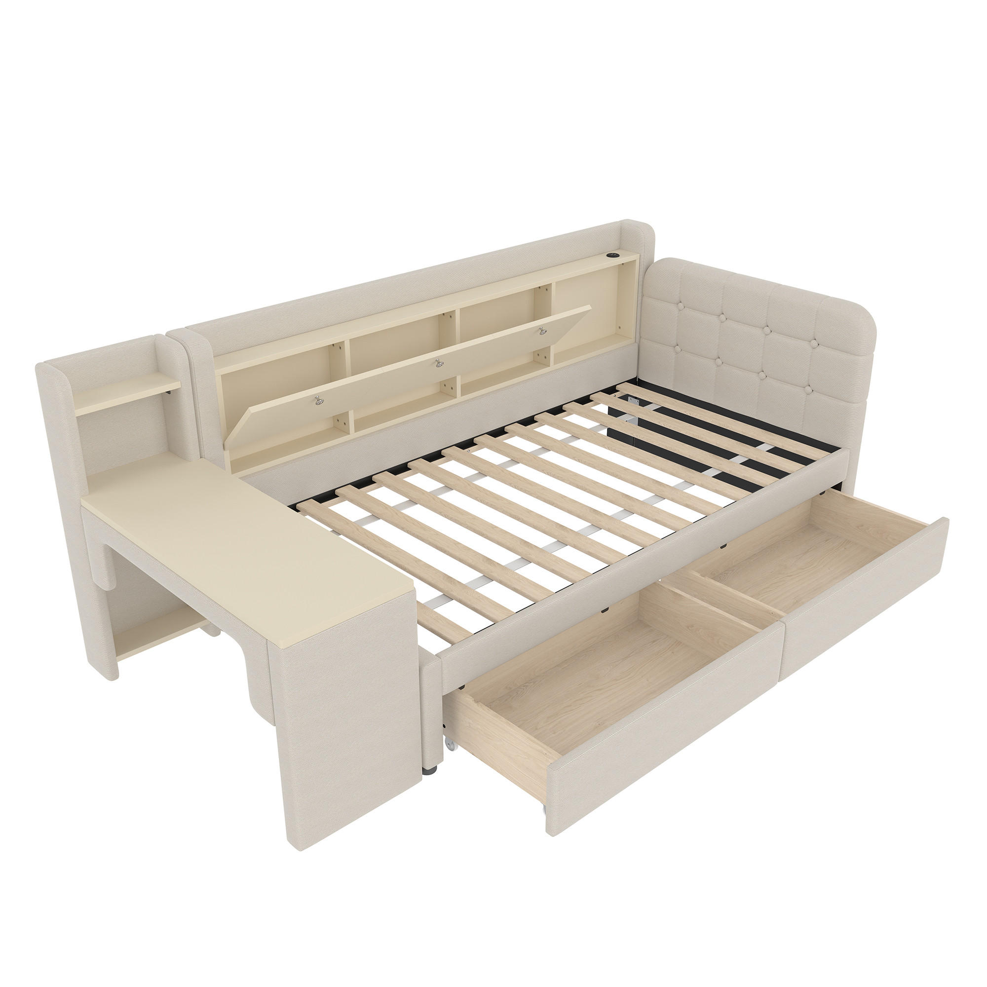 TAGESBETT 90/200 cm DE-04683, mit 2 Schubladen und Schreibtisch in Beige - Beige, Holzwerkstoff (90/200cm) - ComfortXL