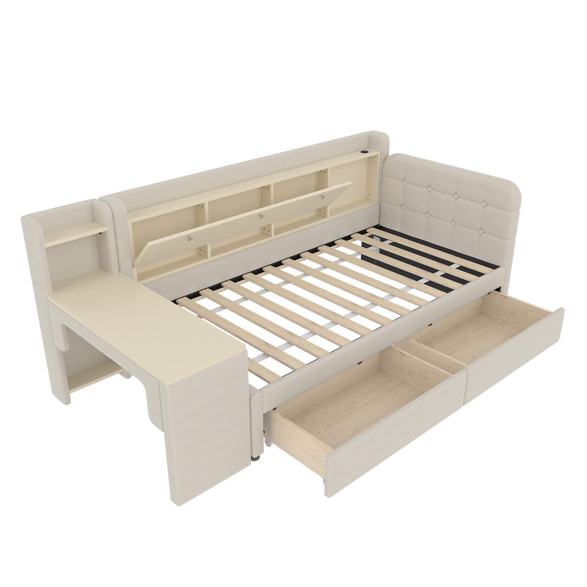 TAGEBETT 90x200cm Beige Leinen 2 Schubladen Schreibtisch USB-C - Beige, Holz (90/200cm) - FLIEKS