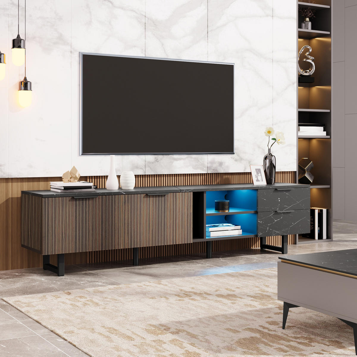 LOWBOARD 200/38/50 cm aus MDF mit LED-Beleuchtung und 15 cm Bodenfreiheit Schwarz (Marmoroptik) - Schwarz, Holzwerkstoff (200/50/38cm) - Modenvie