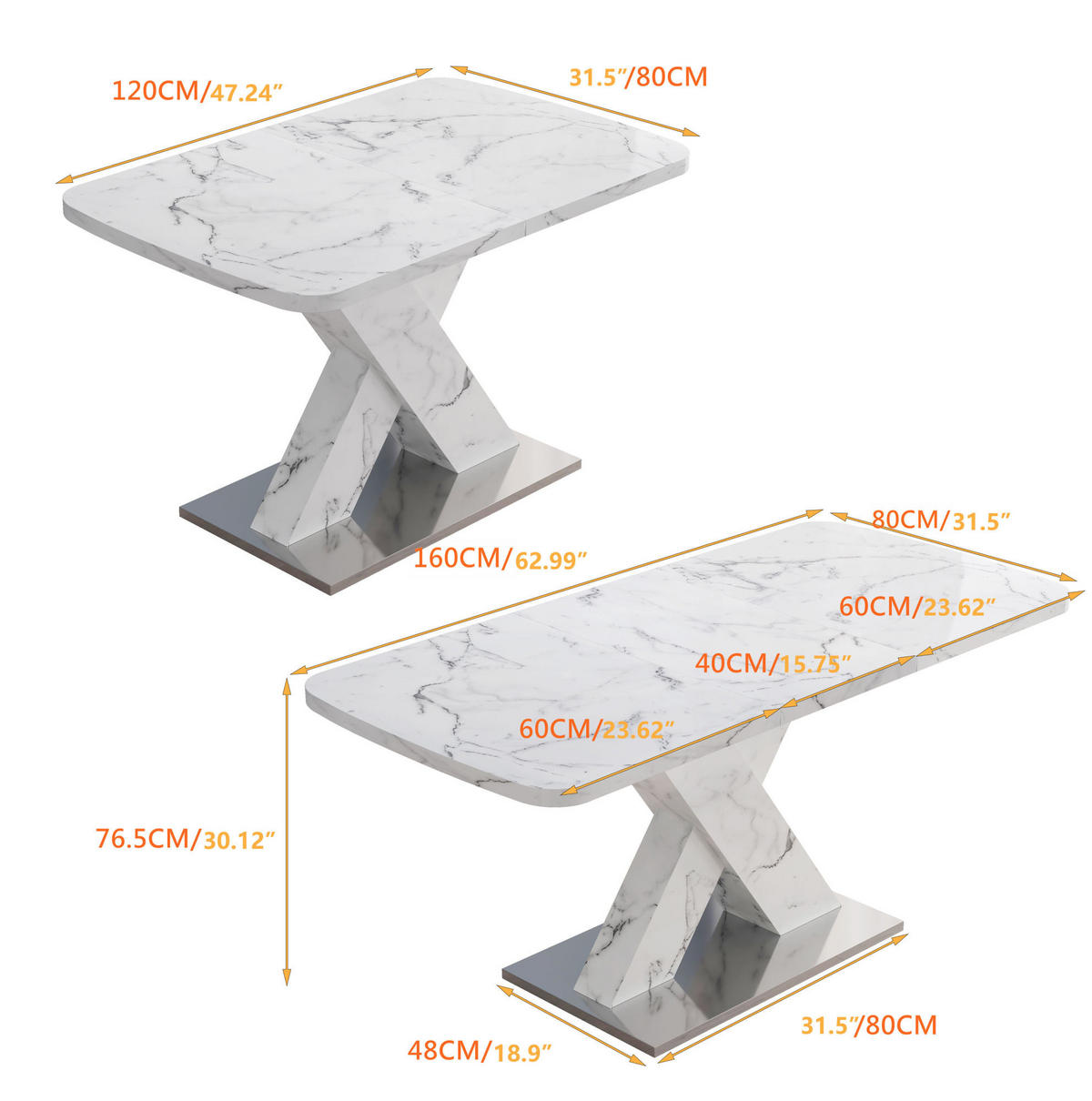 ESSTISCH 120-160/80/76,5 cm ausziehbar mit Marmoroptik und X-Gestell, Weiß - Weiß, Holzwerkstoff (160/80/76.5cm) - Redom