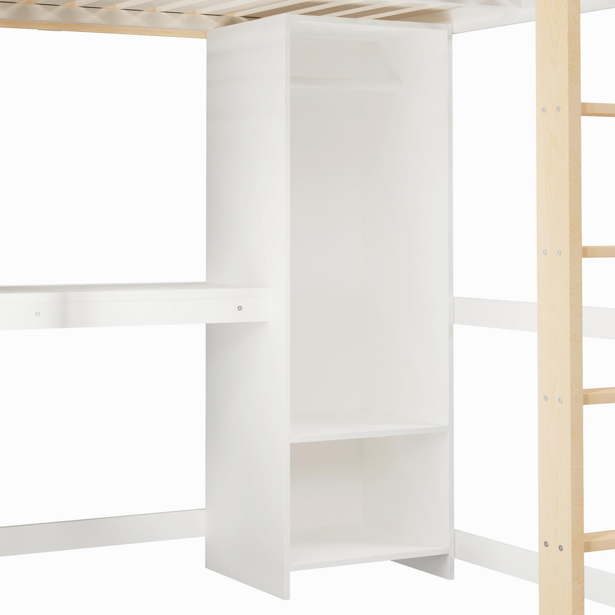 HOCHBETT 140/200 cm DE-04492, mit Schreibtisch, Kleiderschrank und Regalen in Natur - Naturfarben/Weiß, Holz/Holzwerkstoff (140/200cm) - ComfortXL