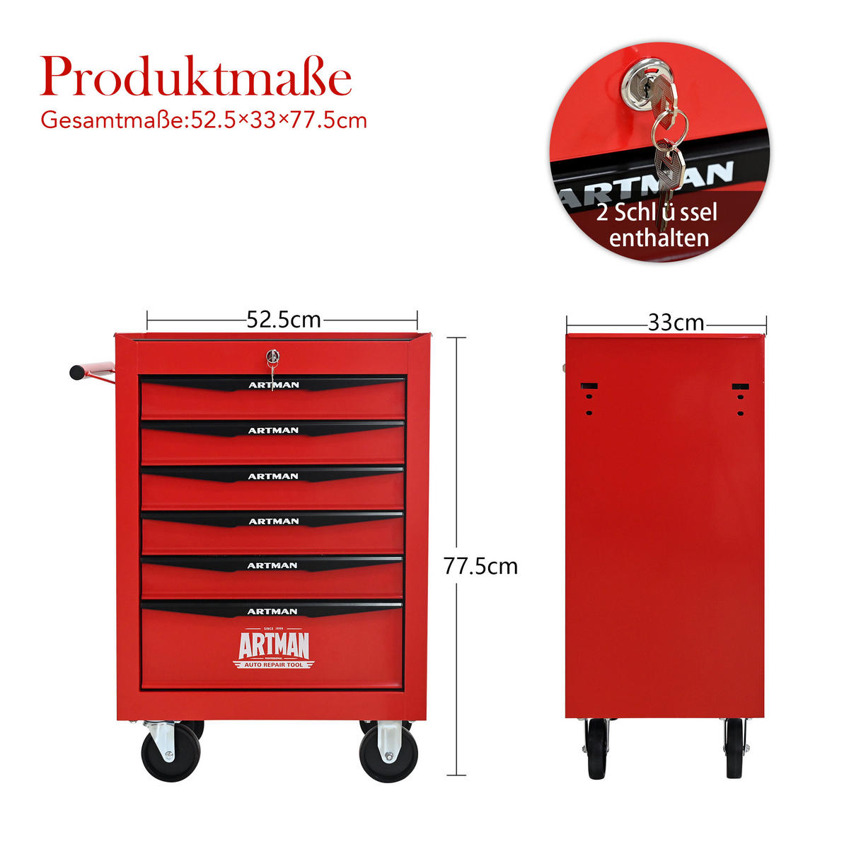 KOMBINATIONS-WERKZEUGKASTEN – 6 Schubladen, 508 mm (20 Zoll), mit 6 Schubladen, Farbgebung in Rot und Schwarz. - Multicolor, Metall (33/77.5/60cm) - DCA