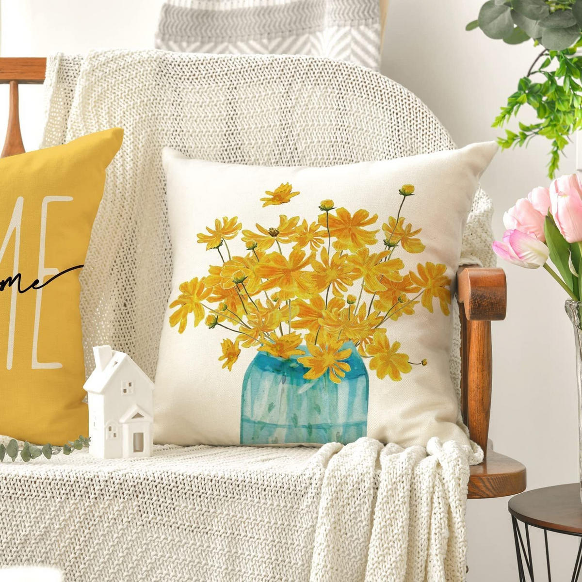 KISSENHÜLLE 4er Set, Blume Biene, Leinen, Cozy Home, 45x45cm - Gelb, Textil (45/45cm) - Weltevree