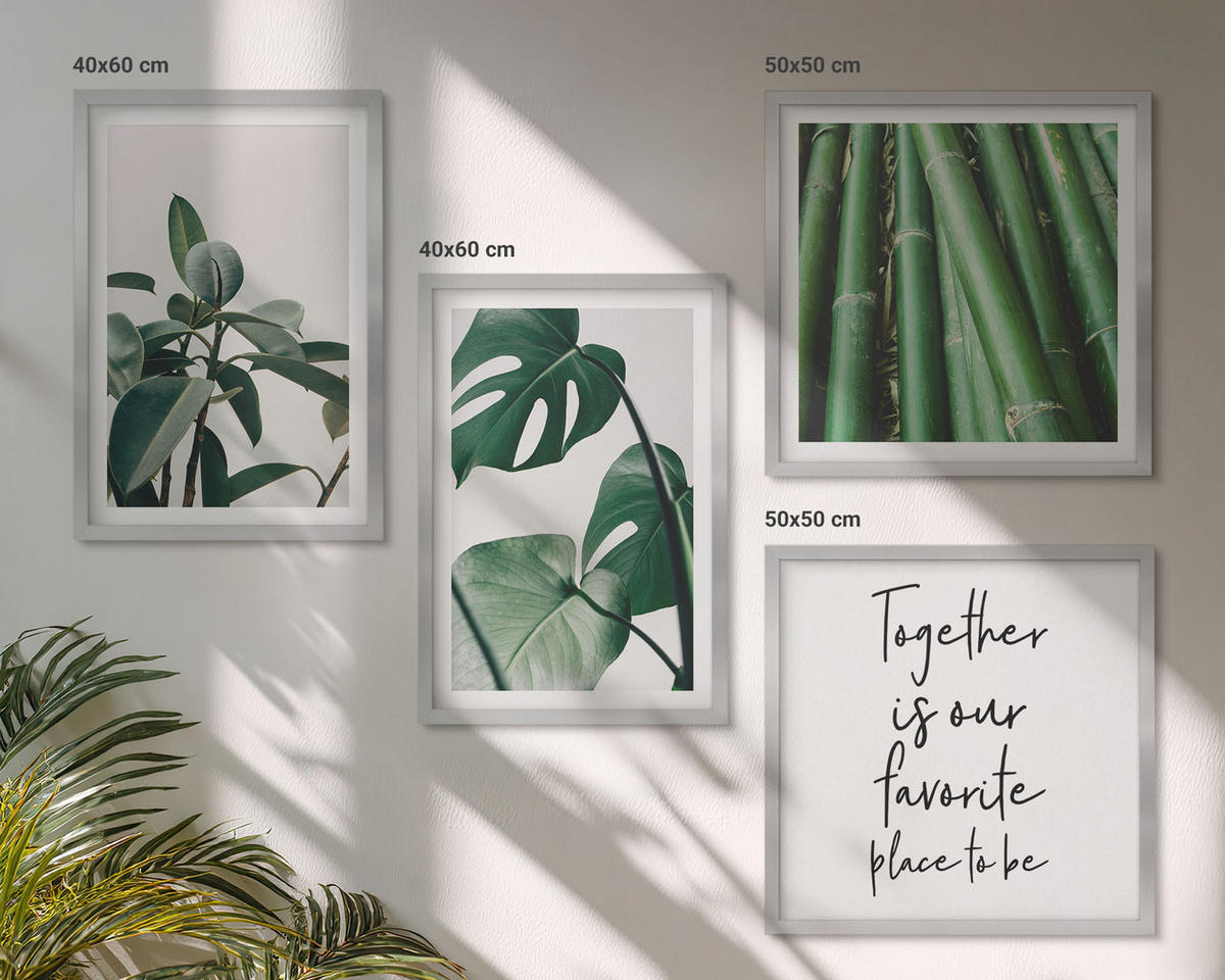 BILDER SET 4er Set - 50x50 cm & 40x60 cm Silberner Rahmen - Bambusblätter - Silberfarben, Kunststoff (50/50cm) - TULUP