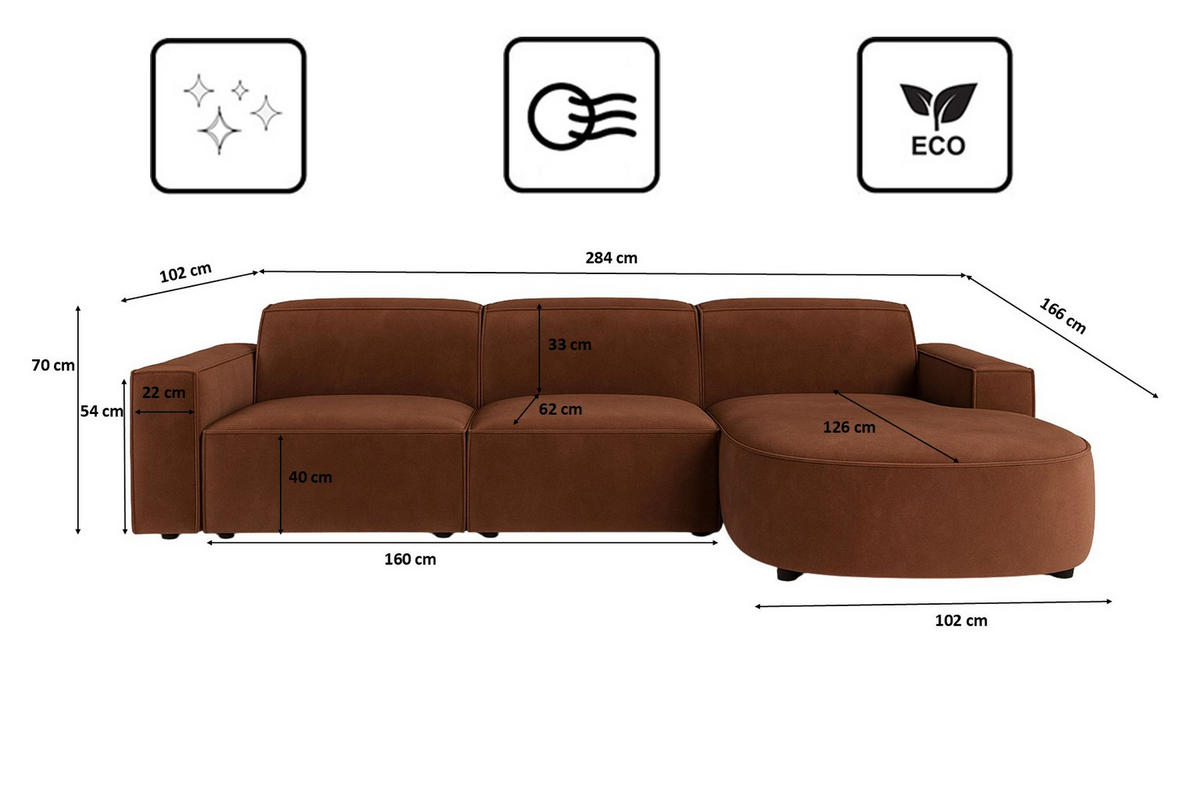 ECKSOFA Cursal Round L-Form, Stoff Salvador, Dunkelbraun, Rechts - Dunkelbraun, Holz (284/166cm) - Kaiser Möbel