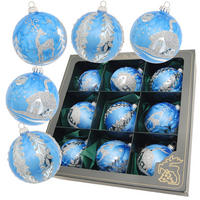 CHRISTBAUMKUGELN Set Eislack Winterdorf Blau 8cm (Glas / 9 Stk.) - Blau, Glas (8/8/8cm) - Krebs Glas Lauscha