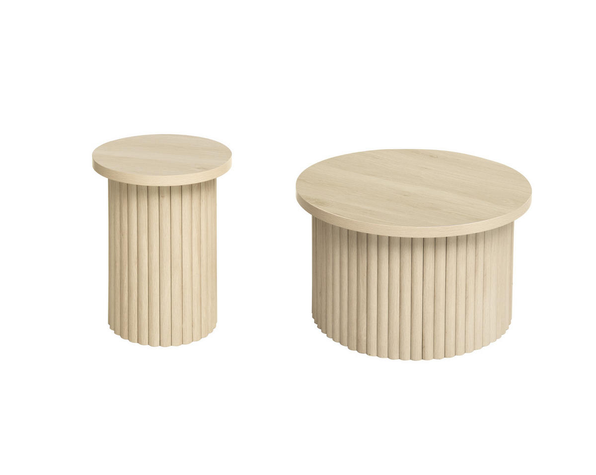 COUCHTISCH Set 2-teilig rund in natürlicher Holzoptik mit Wellenstruktur 68,7 cm und 40,1 cm - Naturfarben, Holzwerkstoff (68.7/68.7/40.6cm) - OKWISH