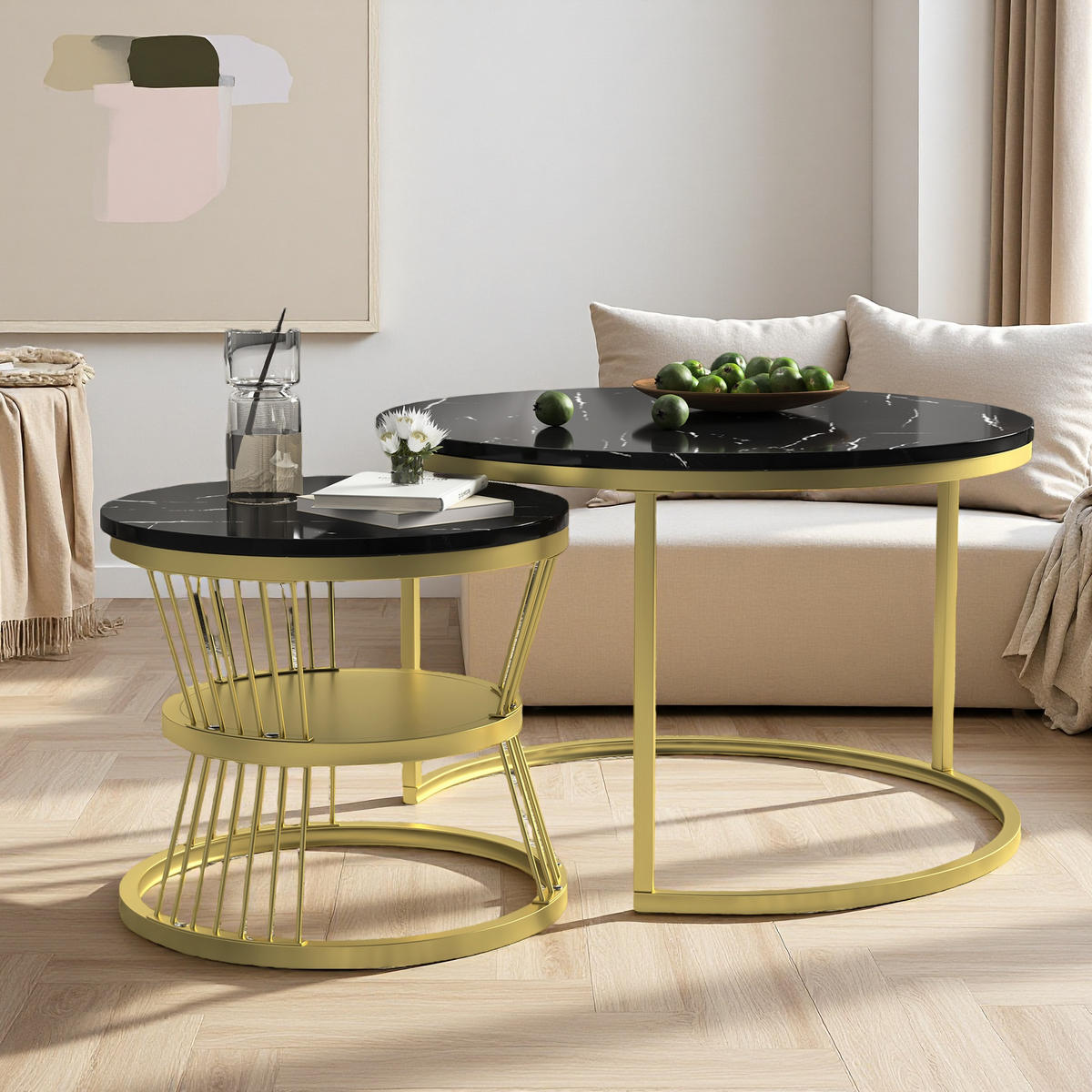 COUCHTISCH-SET Marmoroptik Schwarz, Metallgestell Gold, 2er Set - Goldfarben/Schwarz, Metall (70/70/45.5cm) - SHOPENTRA
