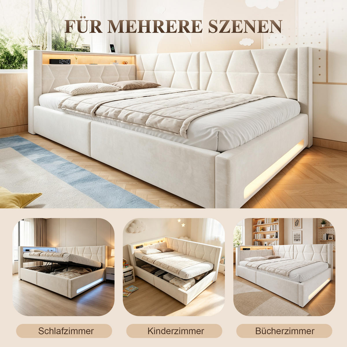 BOXBETT 140/200cm, LED/USB-C, Bettkasten, Lattenrost, Beige - Beige, Holz/Metall (140/200cm) - LVHOM