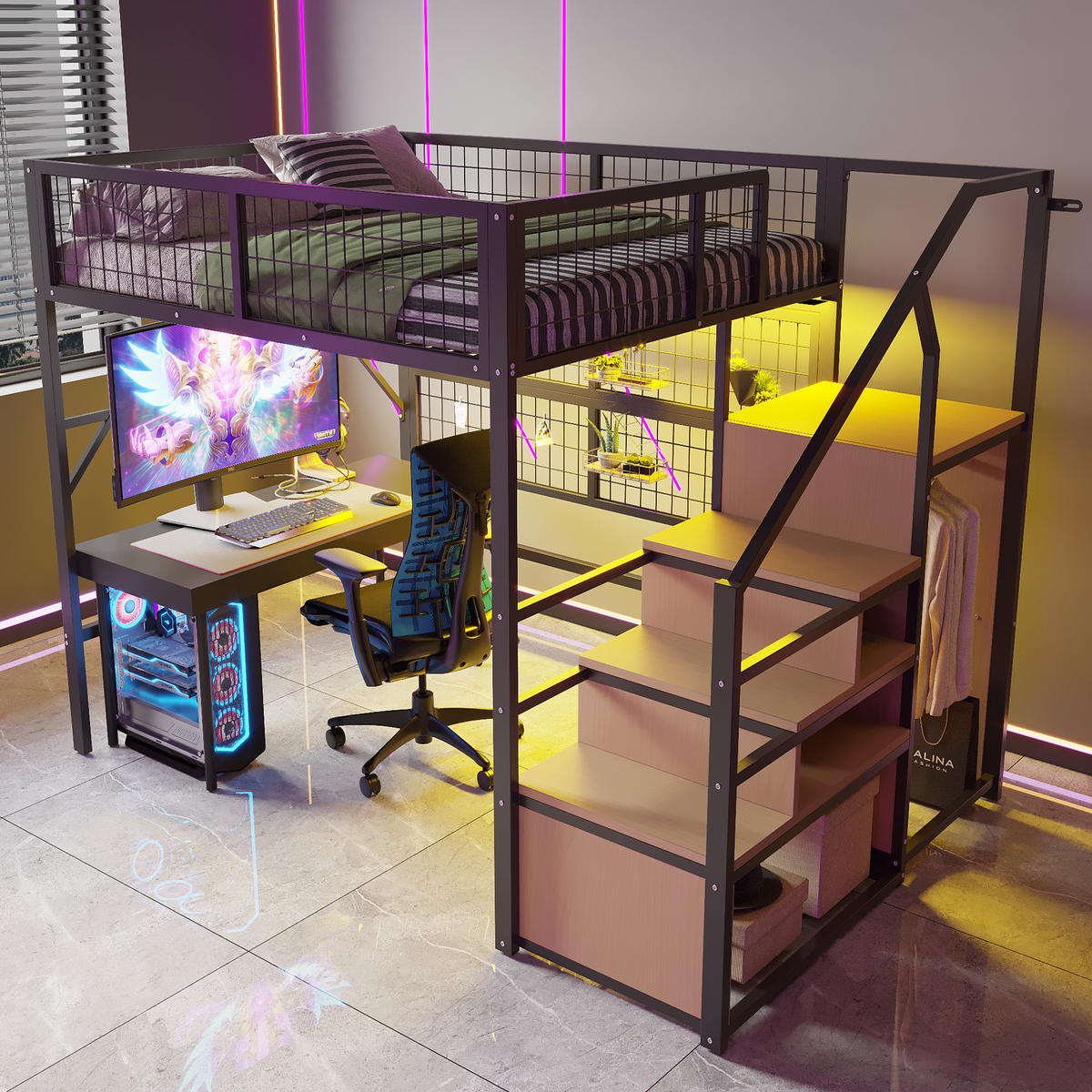 HOCHBETT 140/200 cm in Schwarz mit Stauraum, LED und Kleiderschrank - Schwarz, Holzwerkstoff/Metall (140/200cm) - STILVORA