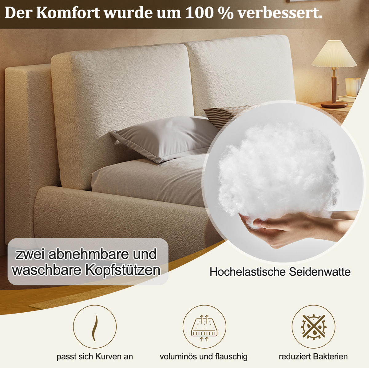 POLSTERBETT mit Bettkasten 180/200 cm in Beige mit gepolstertem Kopfteil - Beige, Textil (180/200cm) - BEAOK