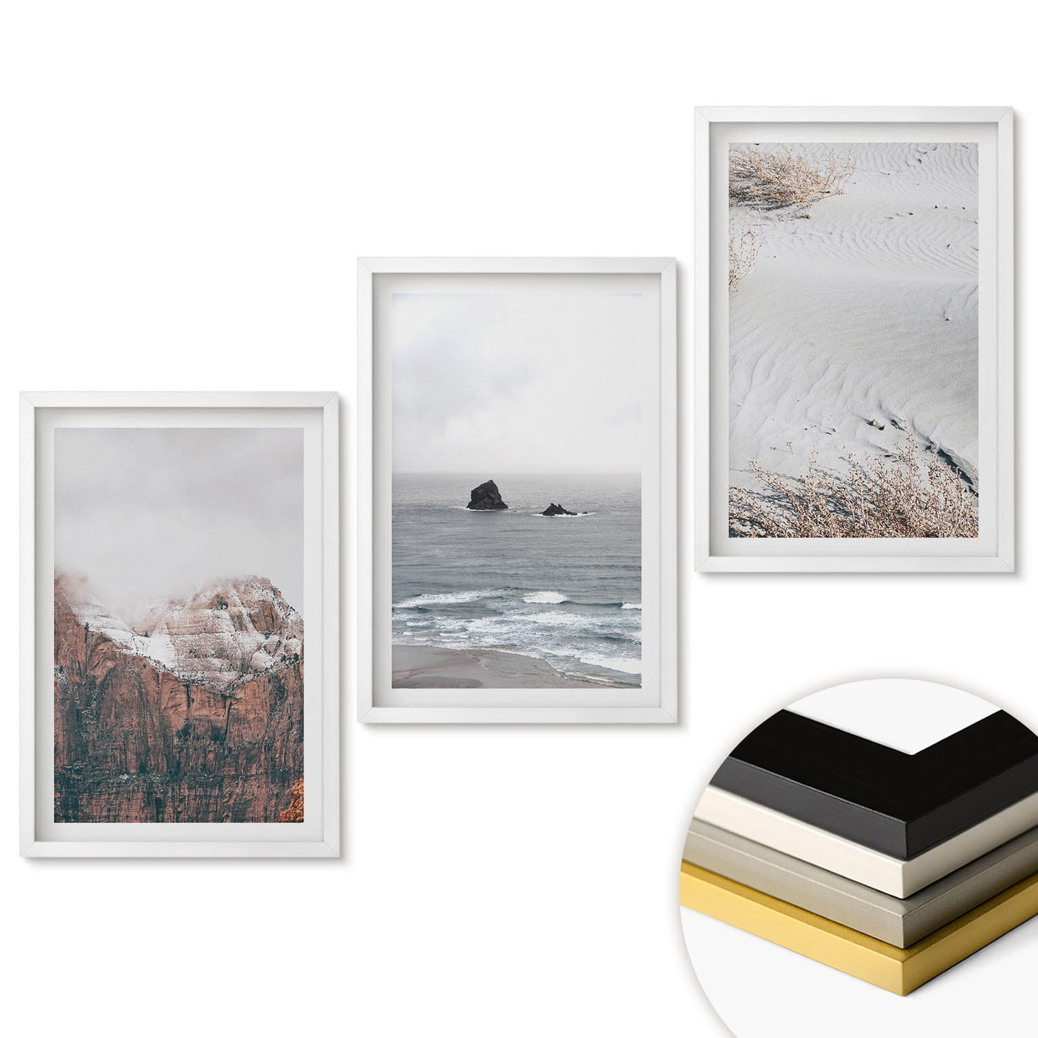 WANDBILDER 3er-Set - 40x60 cm Weißer Rahmen - Berge, Wolken, Meer, Sand, Natur - Weiß, Kunststoff (40/60cm) - ArtPrintCave