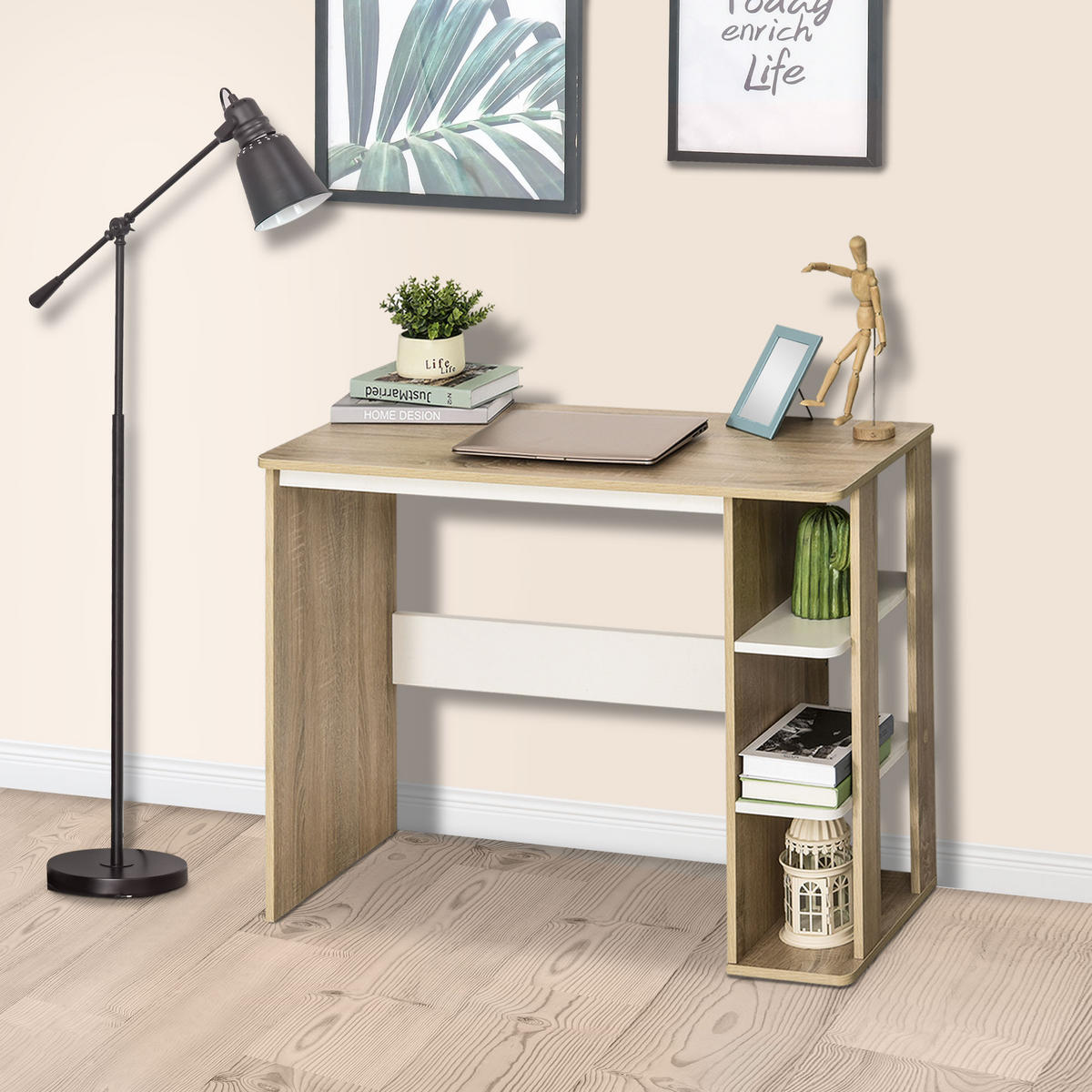 SCHREIBTISCH Eichefarben und Weiß mit 3 Regalfächern 100/44/74 cm - Beige, Holz (44/100/74cm) - PANGIVO