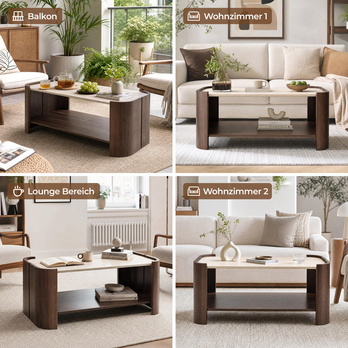 COUCHTISCH Holz Walnuss mit Travertin-Optik, 104 × 54 × 43 cm - Walnussfarben, Holzwerkstoff (54/104/43cm) - Hometopia