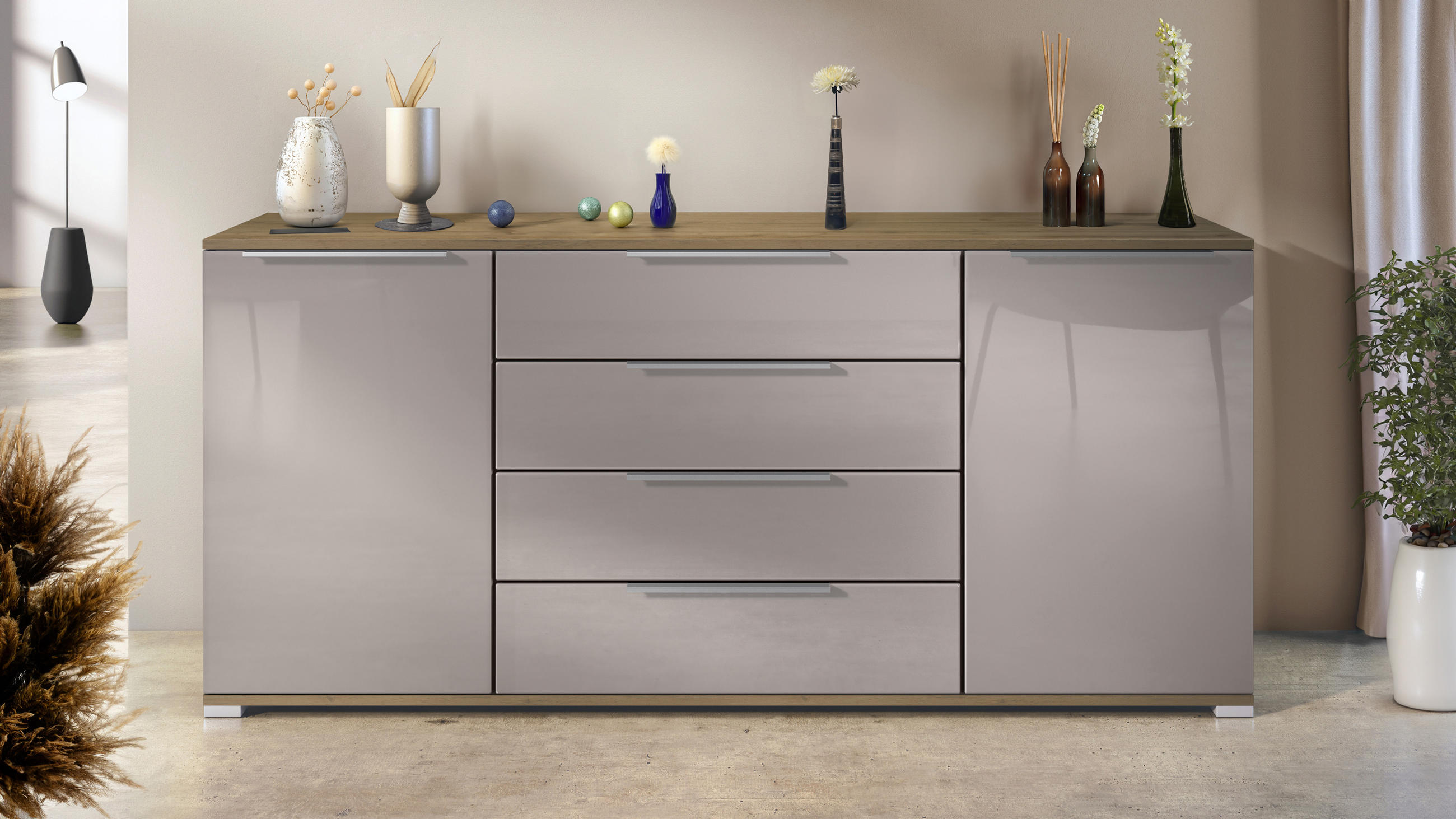 SIDEBOARD Linio Sandgrau Hochglanz - Sandfarben, Holzwerkstoff (166.5/75.5/35cm) - Vladon