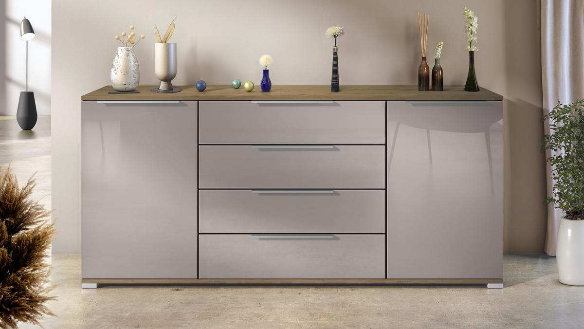 SIDEBOARD Linio Sandgrau Hochglanz - Sandfarben, Holzwerkstoff (166.5/75.5/35cm) - Vladon
