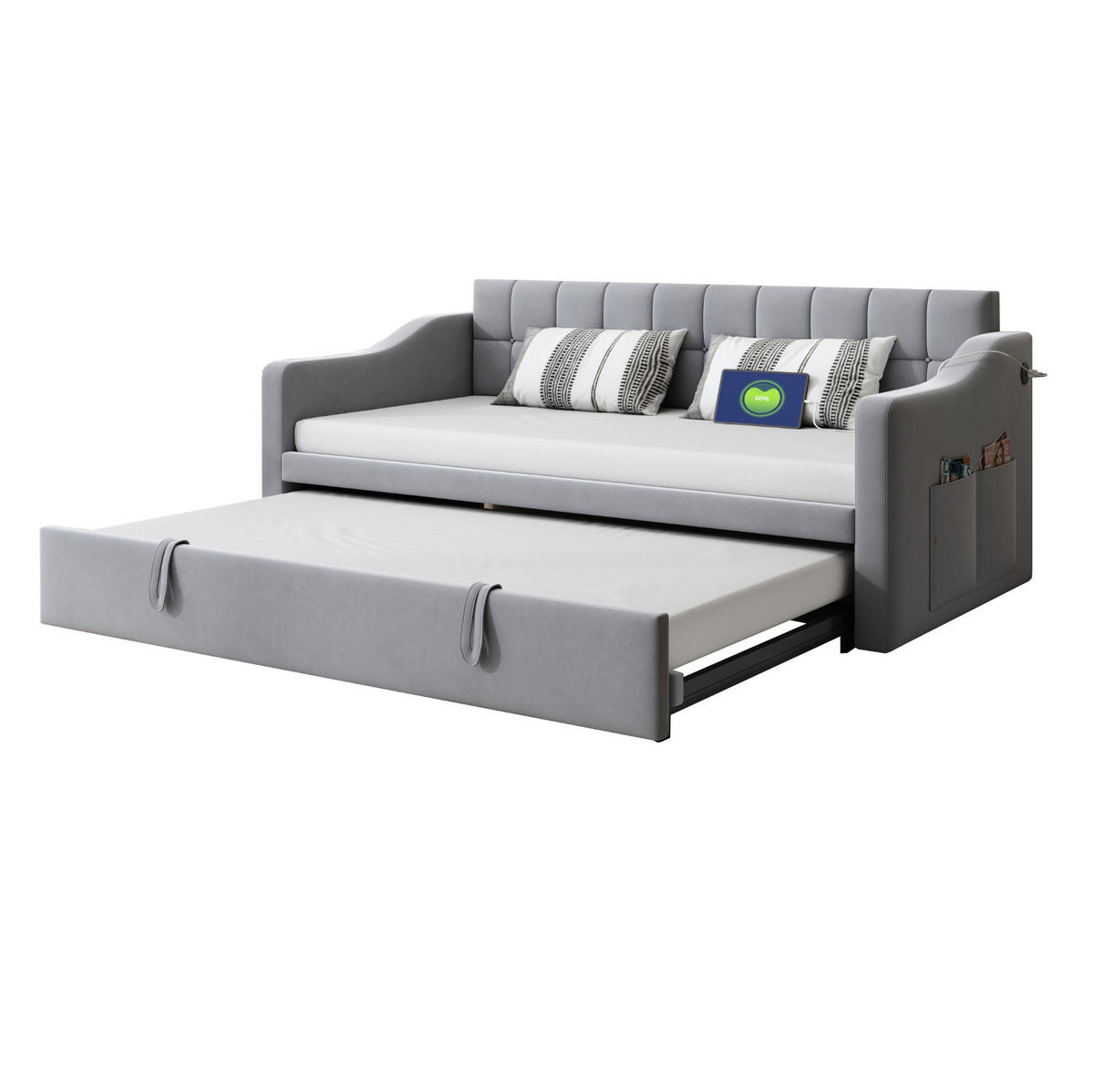 POLSTERBETT 90/190 cm aus Samt mit Ausziehfunktion und USB-Ladeports Hellgrau - Hellgrau, Textil (90/190cm) - Modenvie