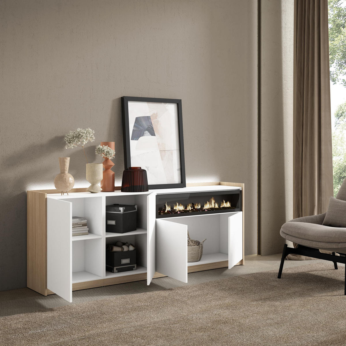 SIDEBOARD, Weiß und Eiche, 207/37/80cm, Kamin mit Feuereffekt - Weiß, Holzwerkstoff (207/80/37cm) - Skraut Home