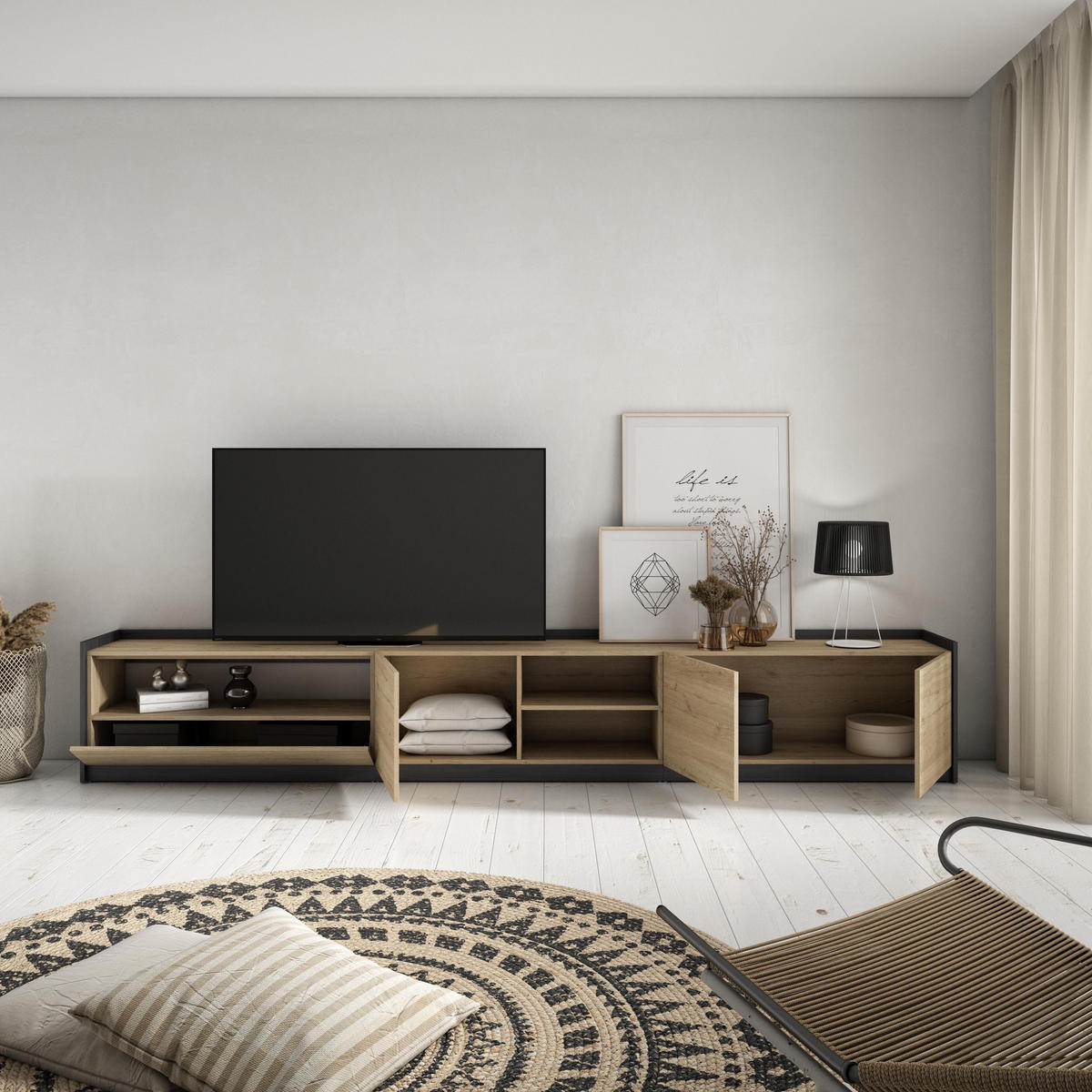 TV-SCHRANK, Lowboard, Eiche Schwarz, 310/37/50cm - Eichefarben, Holzwerkstoff (310/50/37cm) - Skraut Home