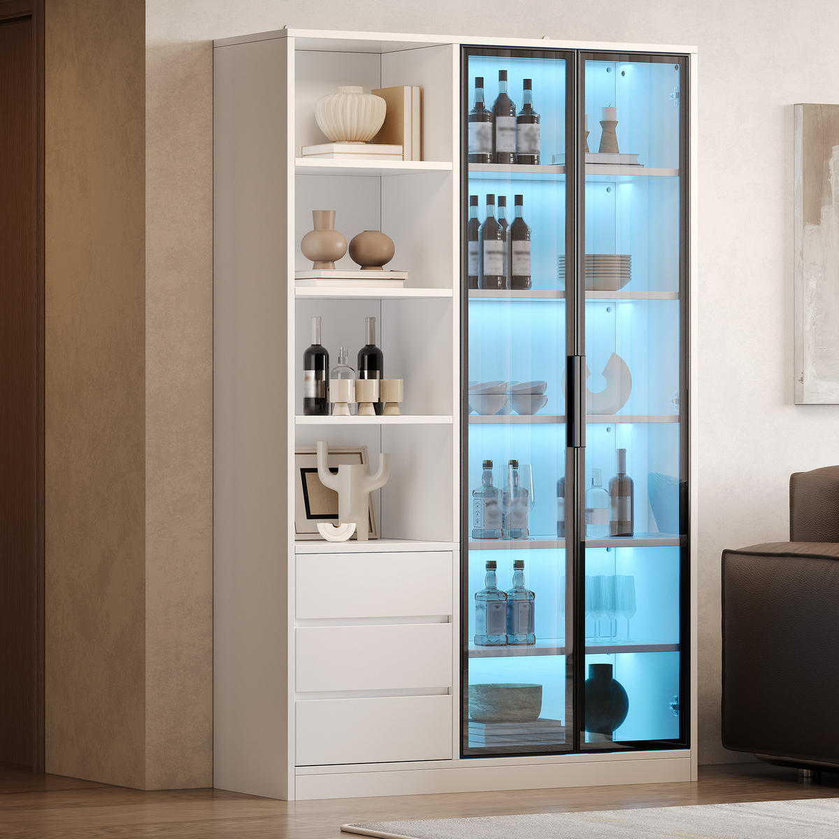 HOCHSCHRANK Weiß mit LED, 3 Schubladen und Glastüren - Weiß, Holzwerkstoff (100/160/35cm) - FLIEKS