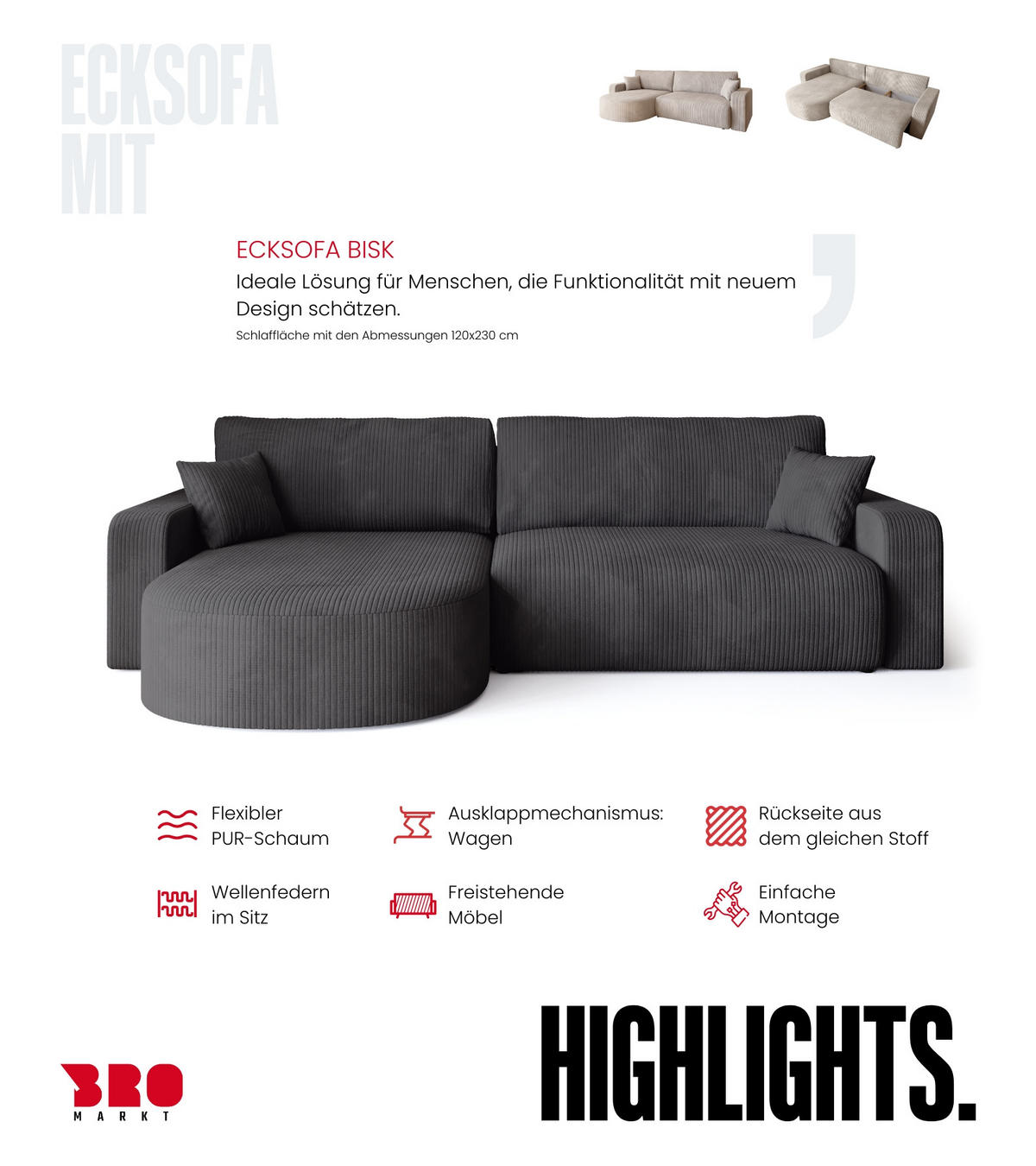 ECKSOFA Bisk mit Schlaffunktion Grau Cordstoff - Grau, Textil (275/170cm) - Bromarkt