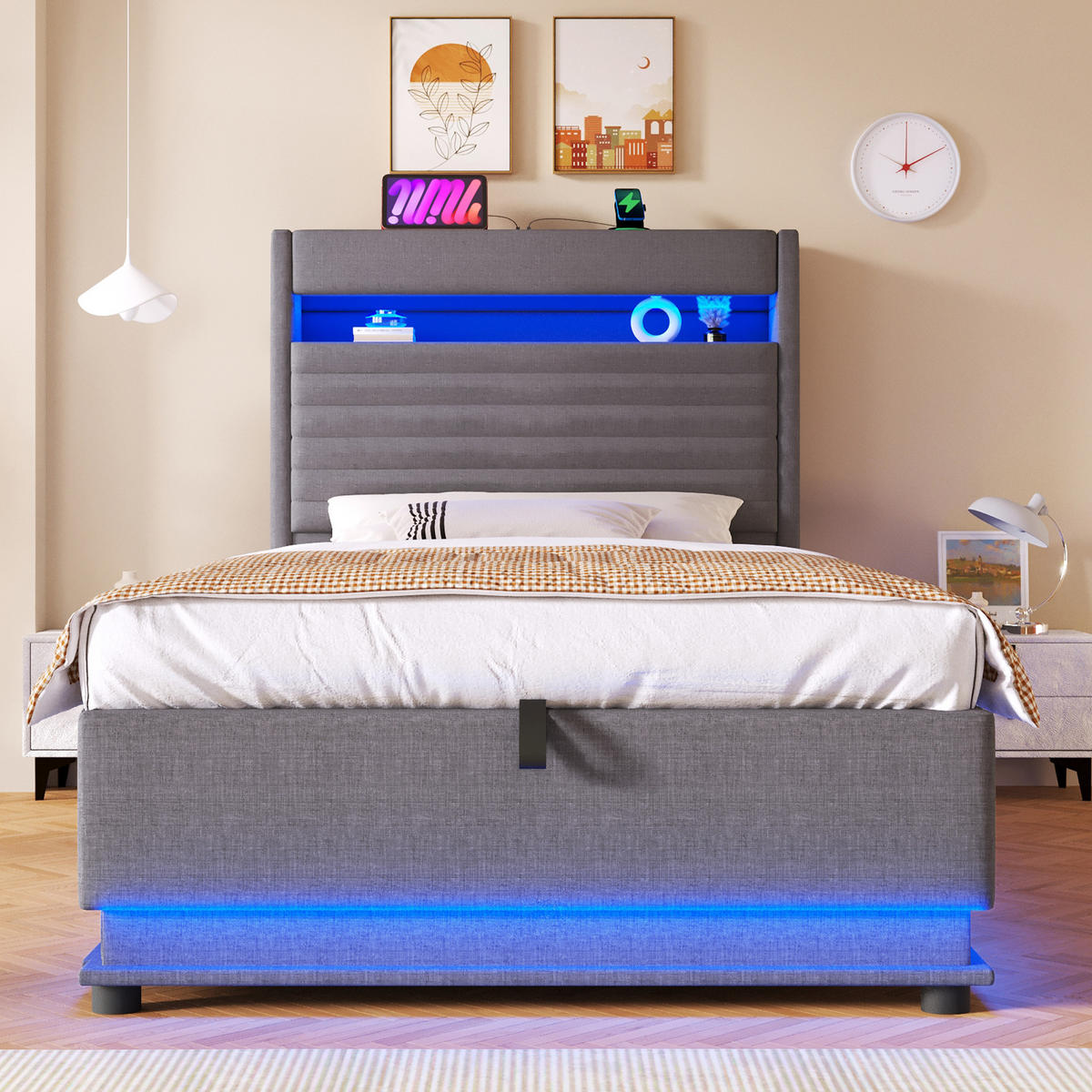 POLSTERBETT 90/200 cm in Grau mit LED, USB-C und Stauraum - Grau, Holzwerkstoff/Textil (90/200cm) - WISHDOR