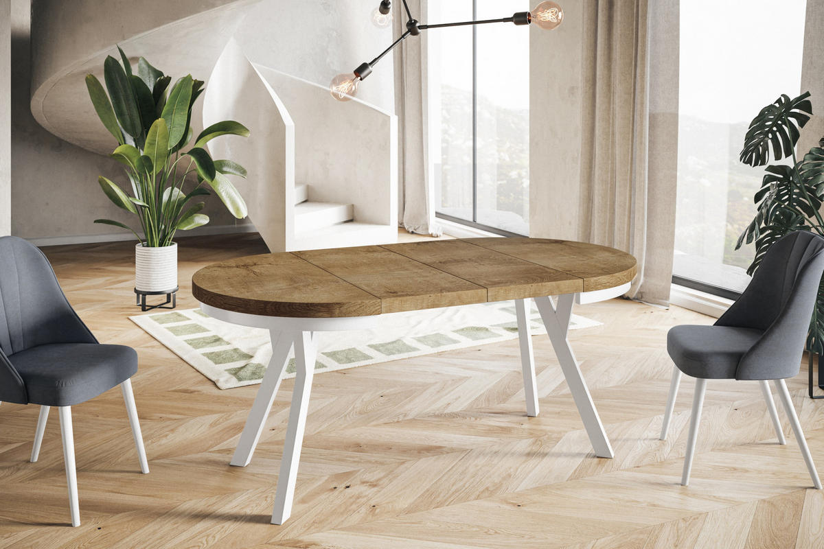 ESSZIMMERTISCH EVO, ausziehbarer Tisch 120 cm bis 220 cm, Farbe: LEFAKS, mit Holzbeinen in Farbe Weiß - Dunkelbraun/Weiß, Holzwerkstoff (120/120/77cm) - Alpi-Möbel