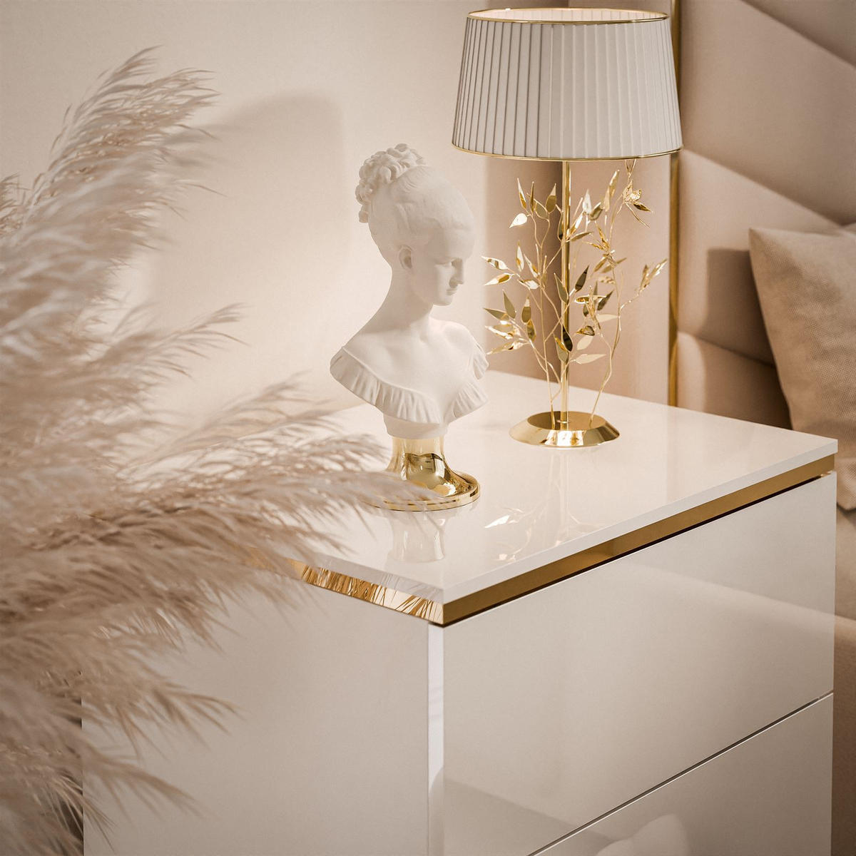 NACHTTISCH AURORA II auf schräge Gold Chrom Beine Weiß / Weiß hochglanz - Weiß Hochglanz/Goldfarben, Holzwerkstoff/Metall (50/53/37cm) - Lookway