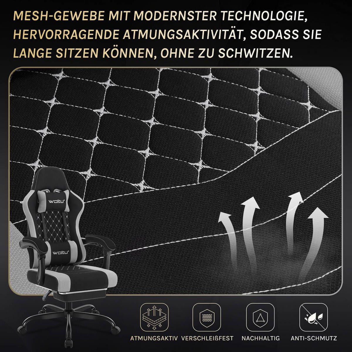 GAMINGSTUHL mit Massagefunktion, Netzstoff, Schwarz+Grau - Schwarz/Grau, Textil/Metall (70/127/70cm) - Woltu