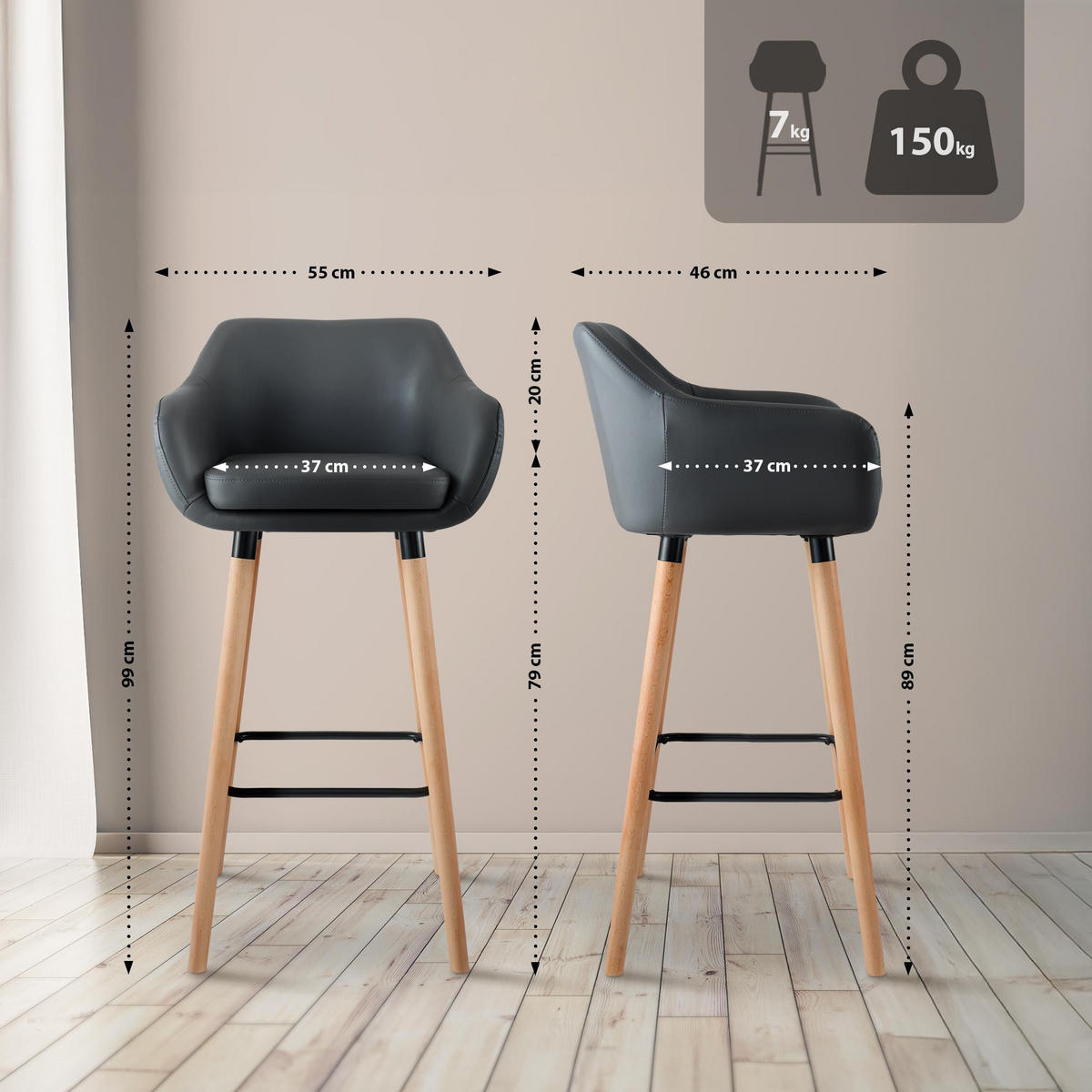 BARHOCKER 2er Set Lederlook Grau - Eukalyptusholzfarben/Grau, Holz/Textil (55/99/46cm) - CLP