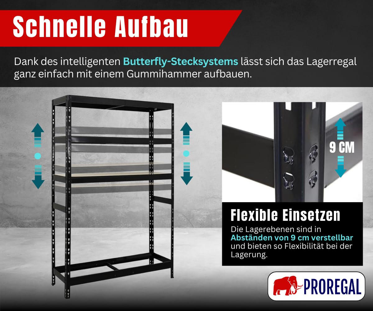 REIFENREGAL Tiger 180x120x40 cm bis zu 6 Reifen auf 1 Ebene + 3 Ablagen Schwarz - Schwarz, Metall (120/180/40cm) - PROREGAL