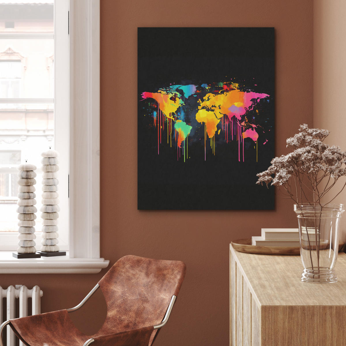 AKUSTIKBILD Weltkarte - Farbe - Bunt - Graffiti - Welt Wandbilder 60x80 cm - Multicolor, Textil (60/80/0.9cm) - MuchoWow