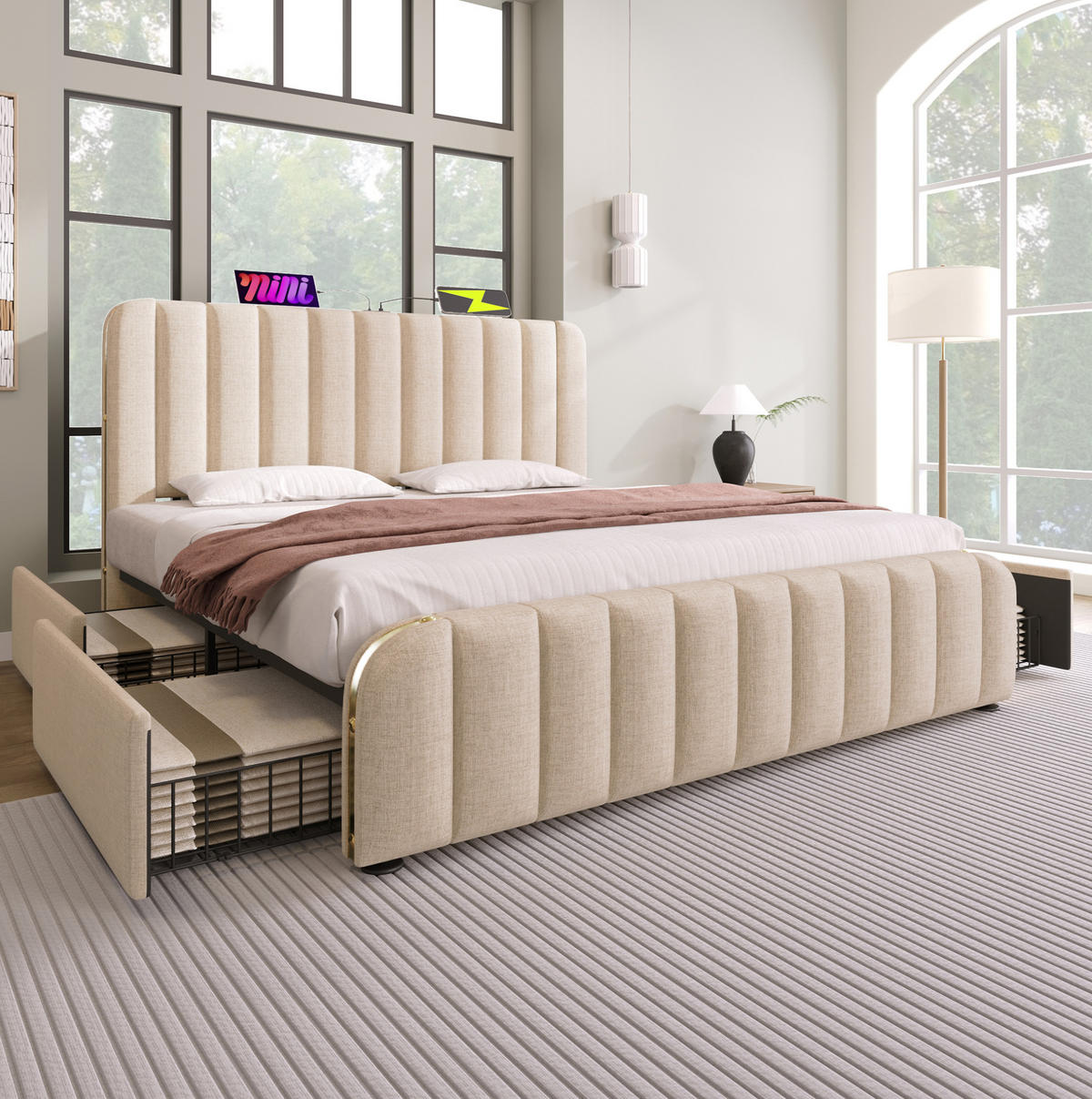 POLSTERBETT mit Matratze und 4 Schubladen 180x200 cm Leinen Beige - Beige, Metall (180/200cm) - Meubliv