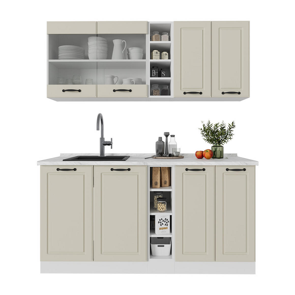 SINGLEKÜCHE R-Line, Sand Landhaus/Weiß, 160 cm Arbeitsplatte Anthrazit - Beige/Weiß, Holzwerkstoff (160/81.6/60cm) - Vicco