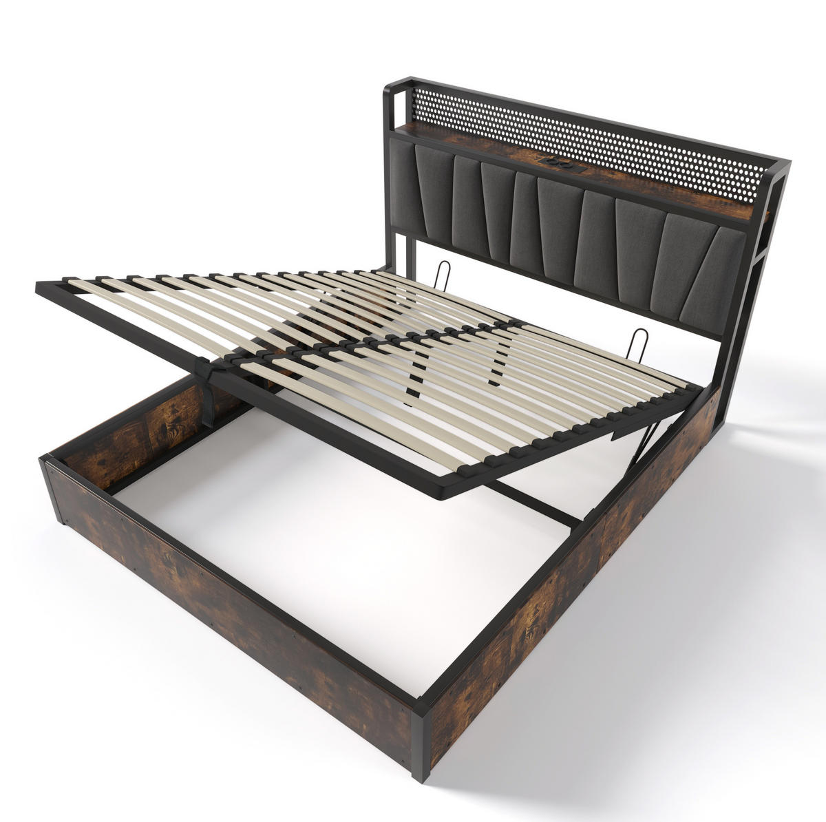 POLSTERBETT 160/200 cm mit Matratze, LED-Kopfteil, USB, Steckdosen und Bettkasten, Grau - Grau, Textil (160/200cm) - Redom