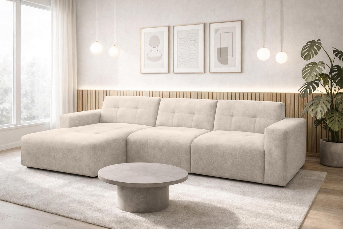 ECKSOFA L Form Corlu Creme 310/165/78 cm – stilvolle kleine Eckcouch Links - Creme/Schwarz, Kunststoff/Textil (310/165cm) - AX Living