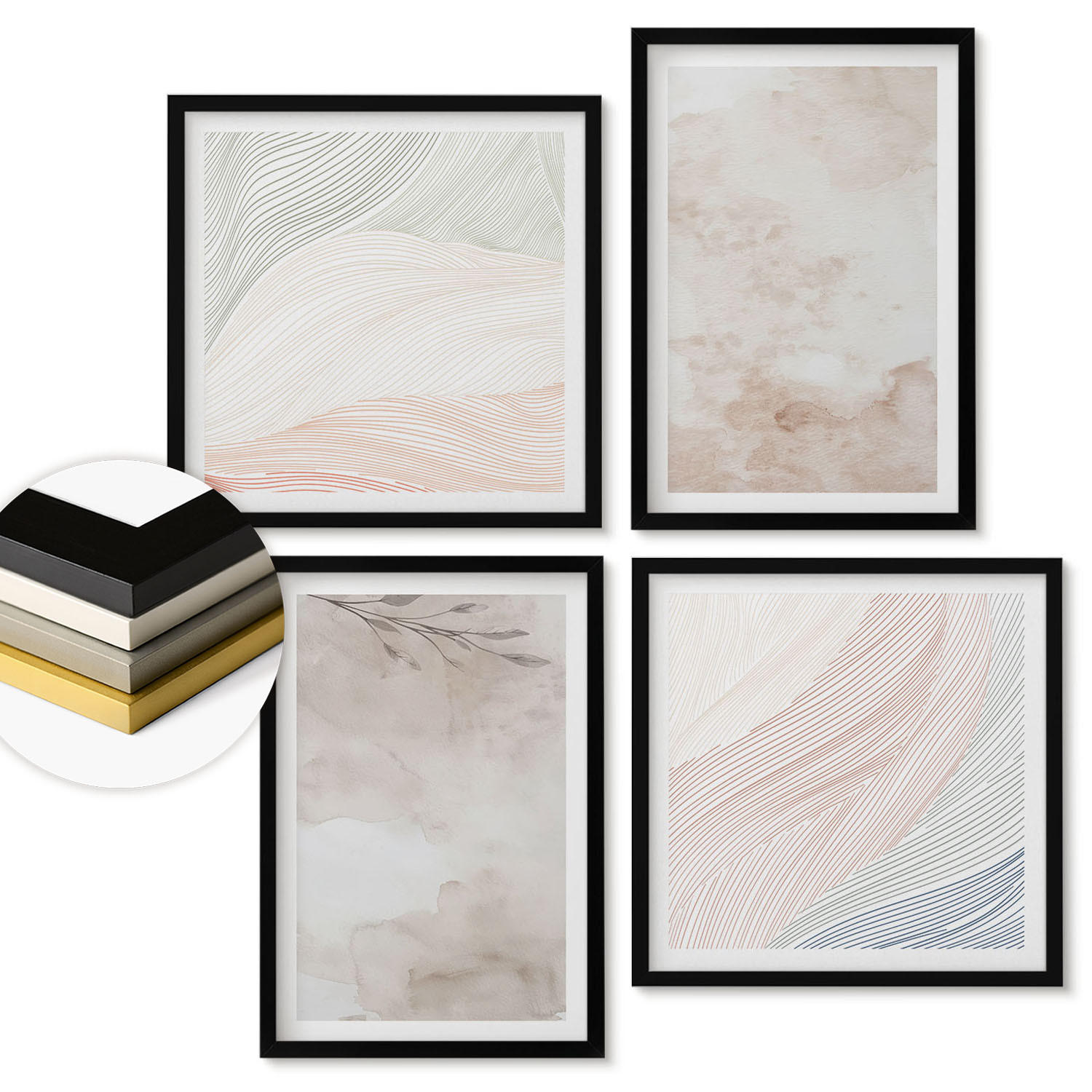 WANDBILDER 4er-Set - 50x50 cm & 40x60 cm Schwarzer Rahmen - Aquarellblätter in Pastellfarben - Schwarz, Kunststoff (50/50cm) - ArtPrintCave