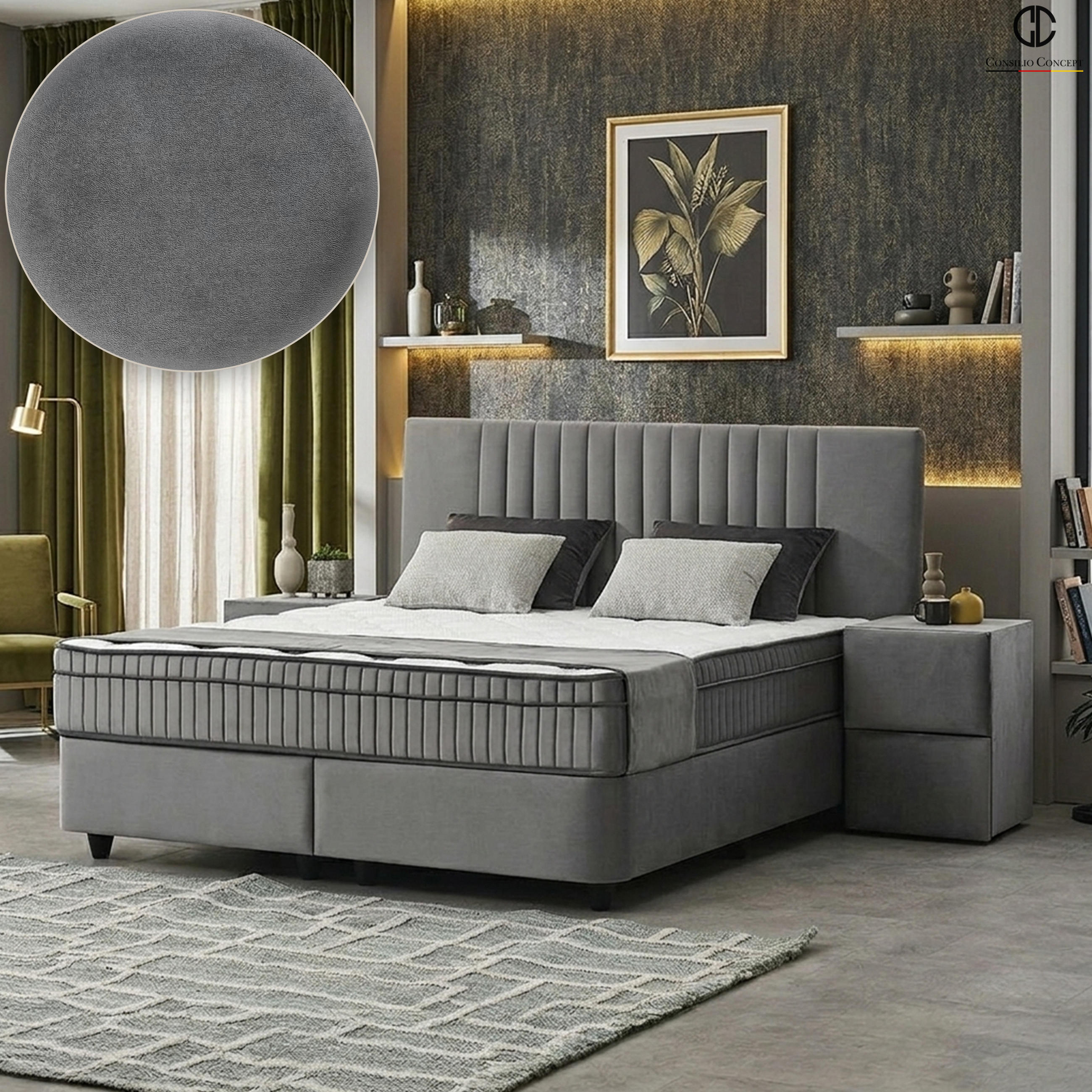 BOXSPRINGBETT MIT BETTKASTEN CARL 160/200 cm, Grau, Bettkasten, Matratze, Topper integriert, H3 mittel 7-Zonen Matratze - Schwarz/Grau, Holz/Kunststoff (160/200cm) - Consilio Concept