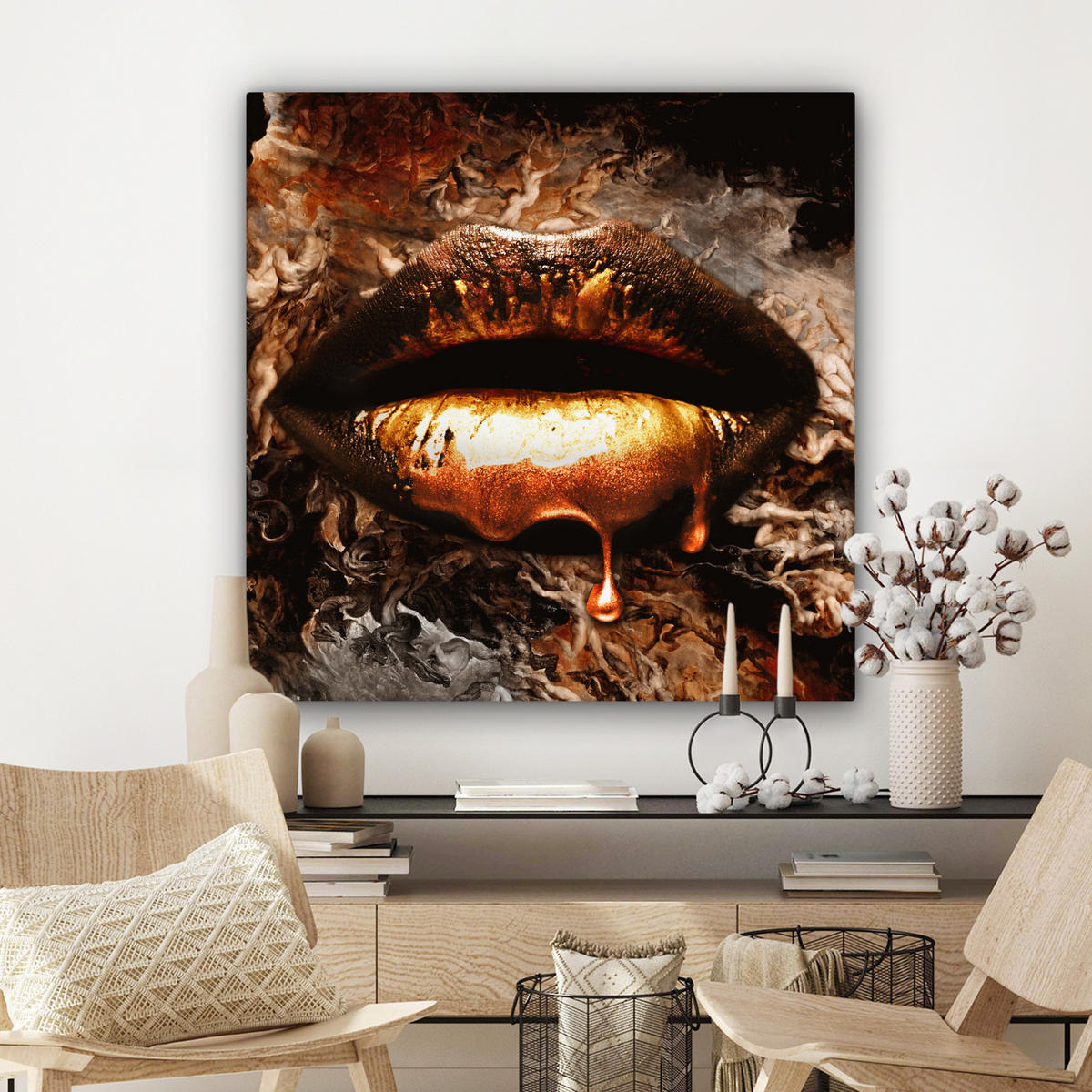 LEINWANDBILD Gold - Lippen - Kunst - Gold - Luxus - Abstrakt 90x90 cm - Kupferfarben, Textil (90/90cm) - MuchoWow