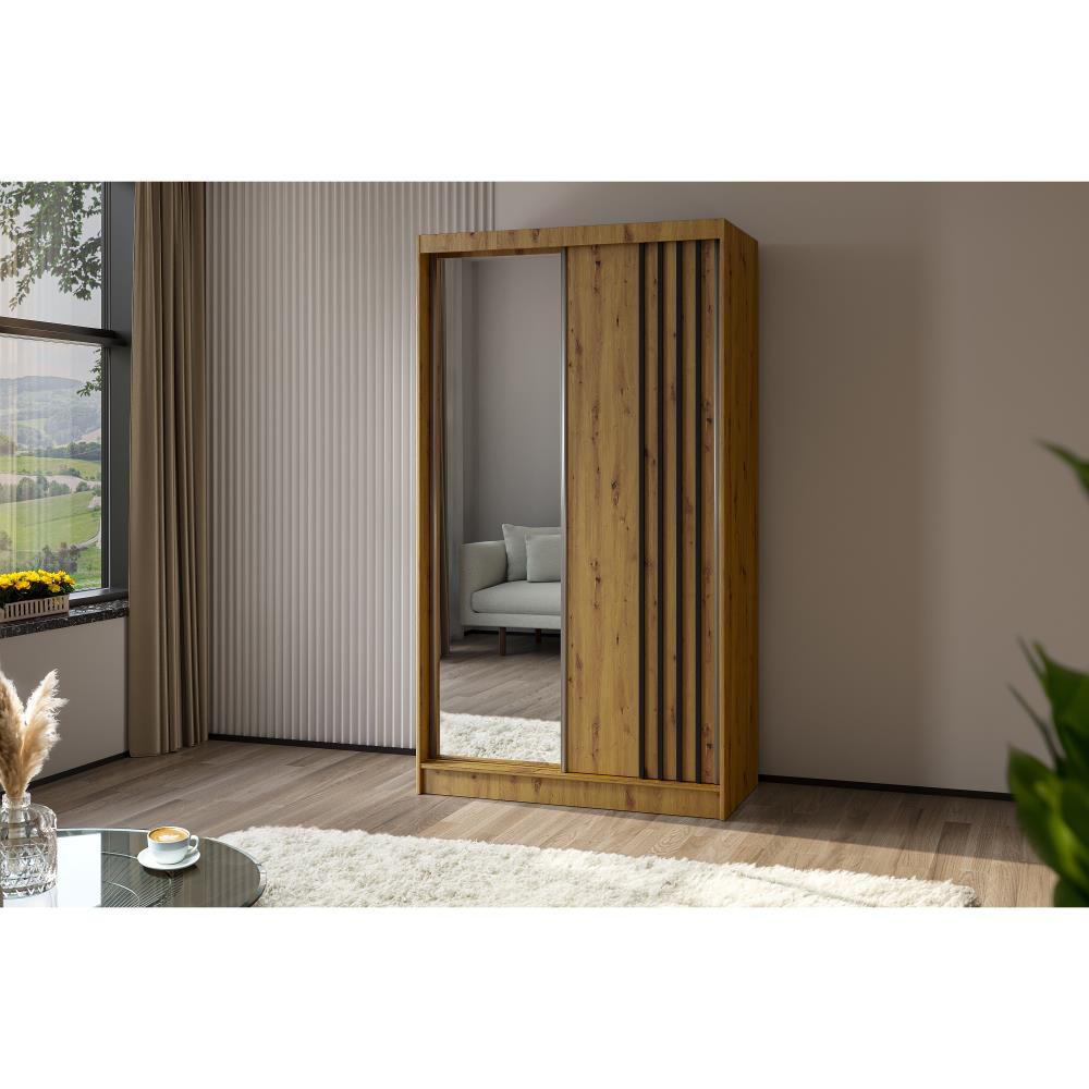SCHWEBETÜRENSCHRANK Nela 120/216/61 eiche Artisan mit Schubladen - Schwarz/Eiche Artisan, Holzwerkstoff (120/216/61cm) - Beautysofa