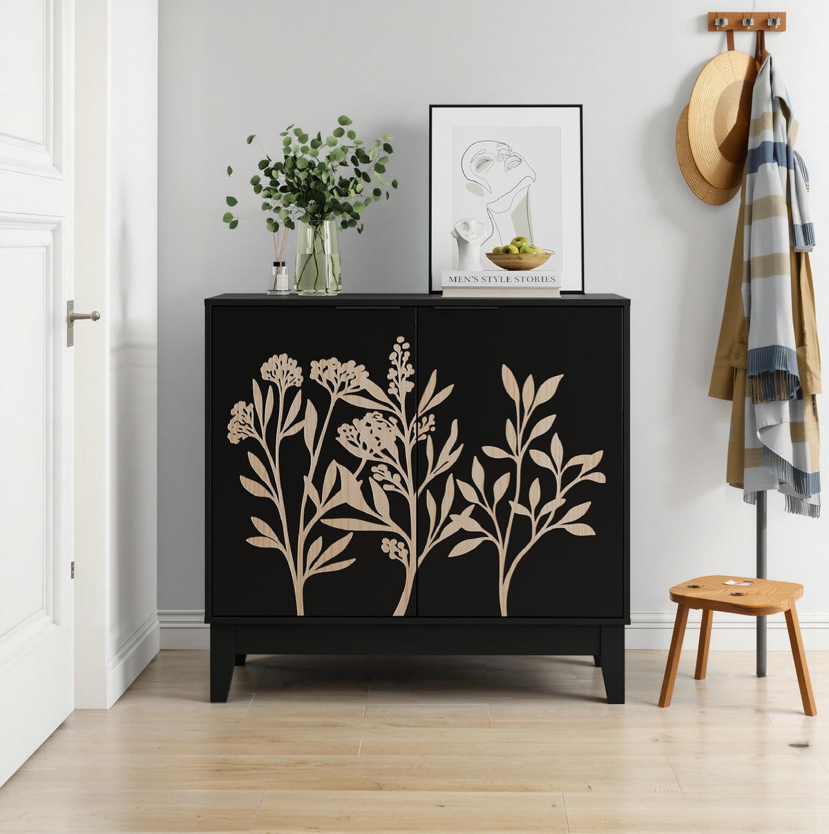 SIDEBOARD 80/38/76 cm Schwarz aus MDF mit Blumenschnitzerei - Schwarz, Holzwerkstoff (38/76/80cm) - OKMYHOME