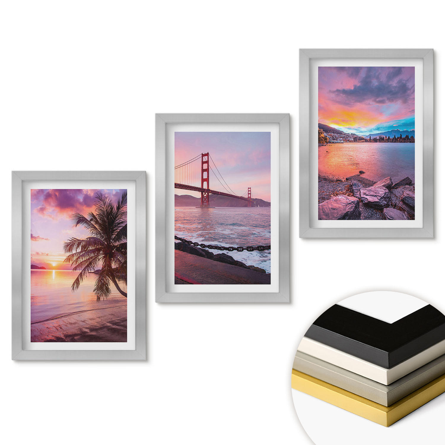 WANDBILDER 3er Set - 20x30 cm Silberner Rahmen - Sonnenuntergangsbrücke Landschaft - Silberfarben, Kunststoff (20/30cm) - ArtPrintCave