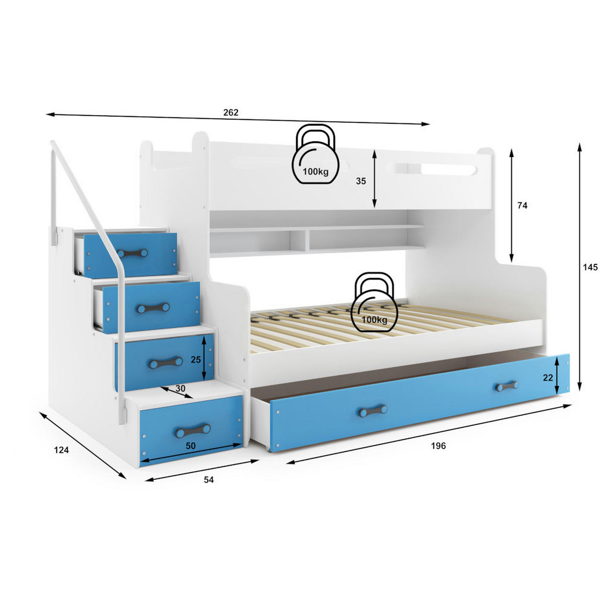 ETAGENBETT Max 3 200x80cm / 200x120cm mit Schublade und Lattenrost - Blau/Weiß, Holzwerkstoff (120/200cm) - Interbeds