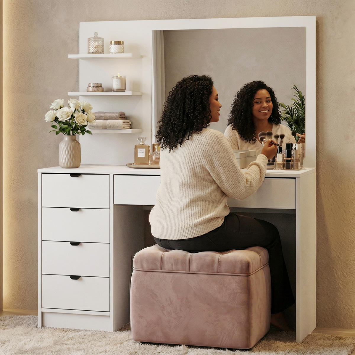 SCHMINKTISCH Malta mit 5 Schubladen, mit Spiegel, mit Griffen, Weiß - Schwarz/Weiß, Holzwerkstoff/Metall (120/145.5/57cm) - Beautysofa