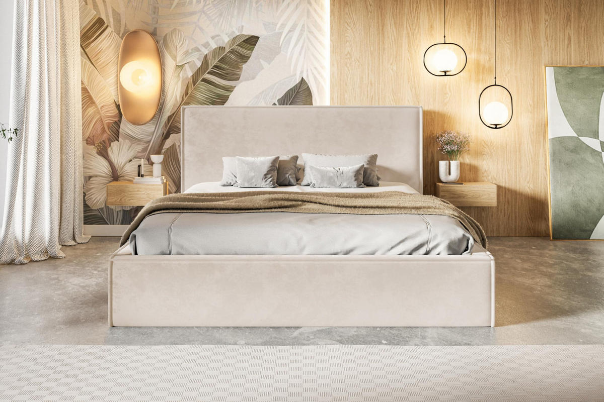 BETT 140x200 - Polsterbett mit Bettkasten und Holzrahmen - Modern Betten - Amor-Samtstoff - Kollektion Milano - Beige - Beige, Holz/Textil (140/200cm) - Alpi-Möbel